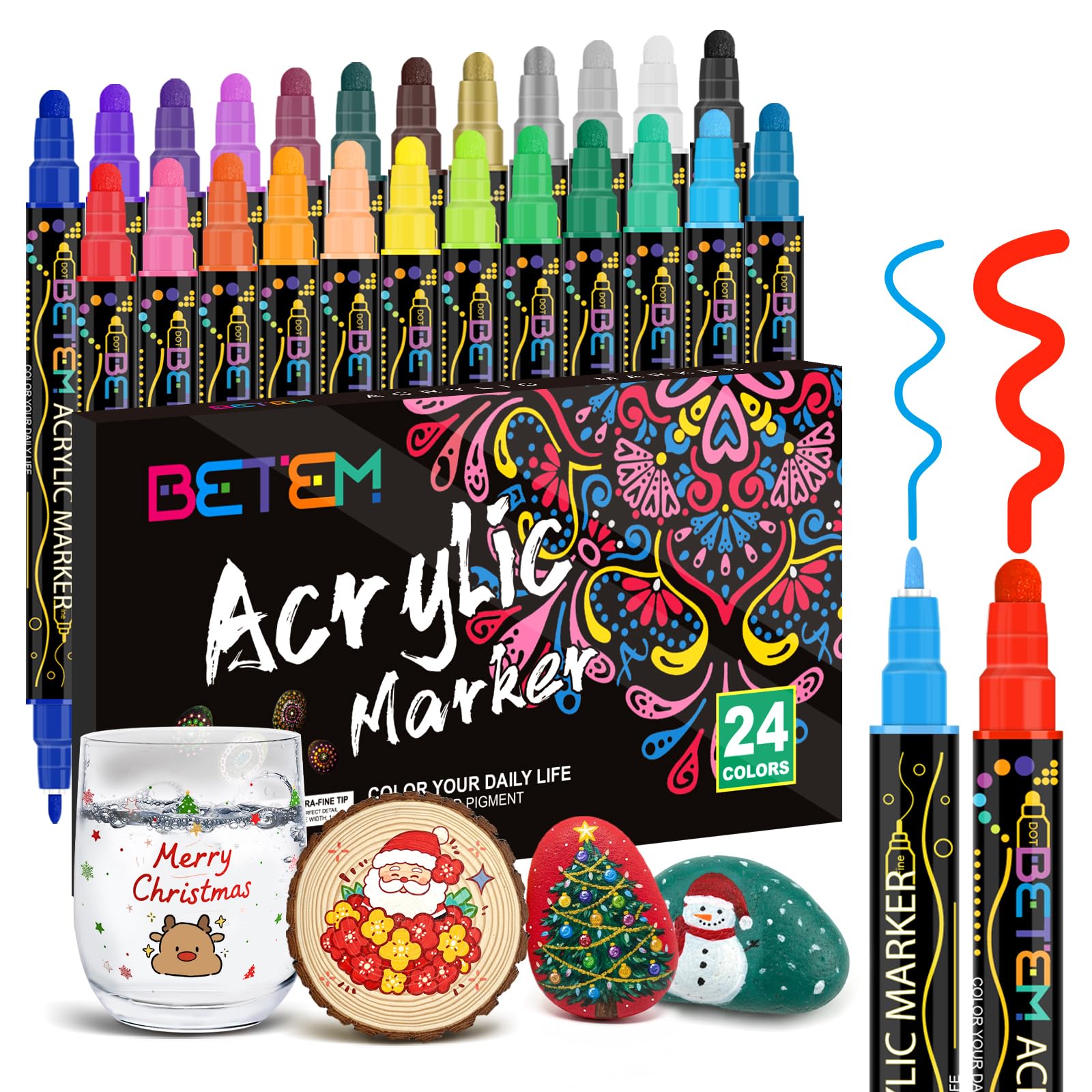 Betem 24 Colours Acrylic Markers Double Ended Acrylic Markers for Painting Stones, Fabric, Wood, Canvas, Ceramic, Graffiti, Glass, Lettering Markers for Crafts
