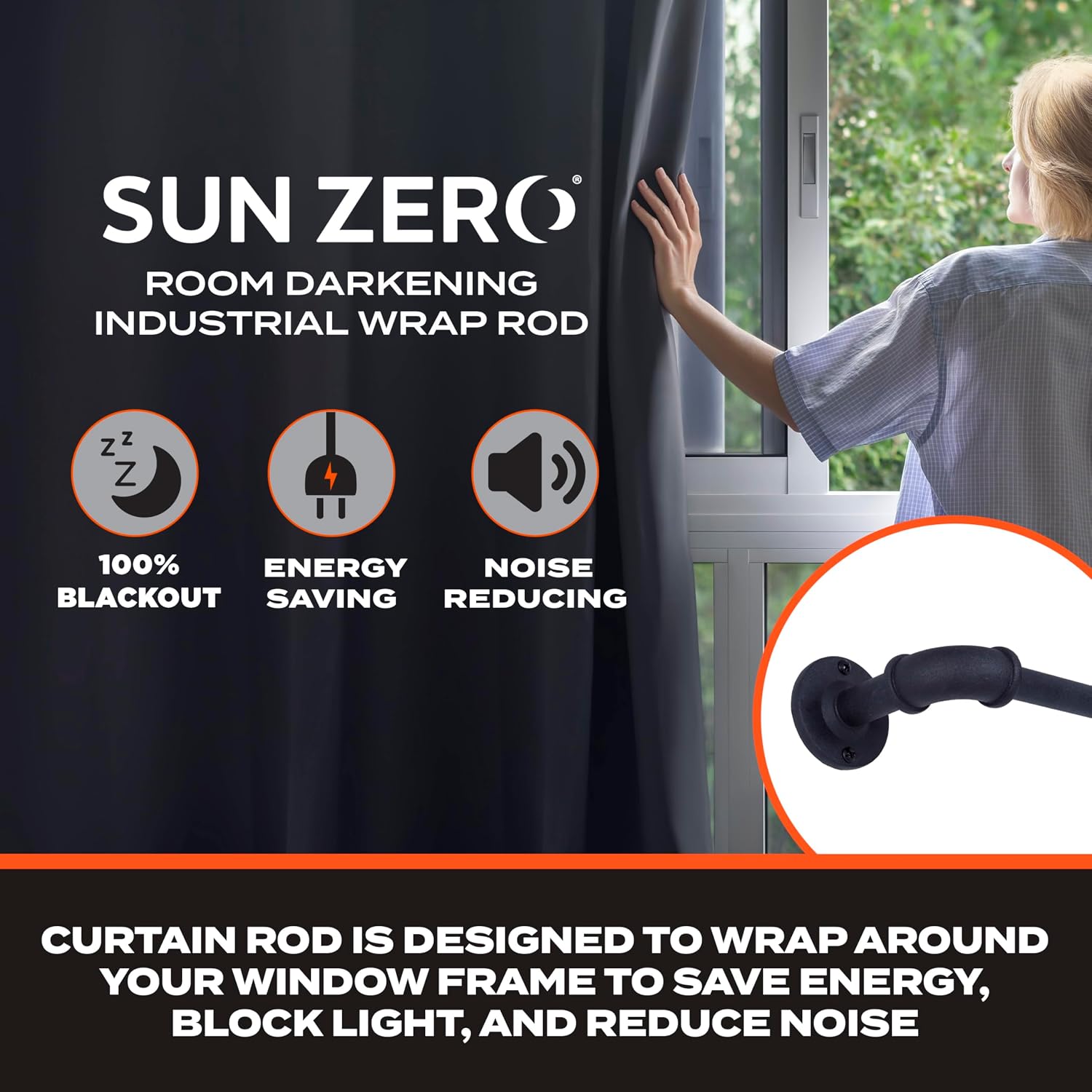 Sun Zero SN47073 Bronn Industrial Pipe Blackout Wrap Around Curtain Rod, 36-66" Adjustable Length, Matte Black Finish, 3/4" Diameter Textured Steel Tube image 2