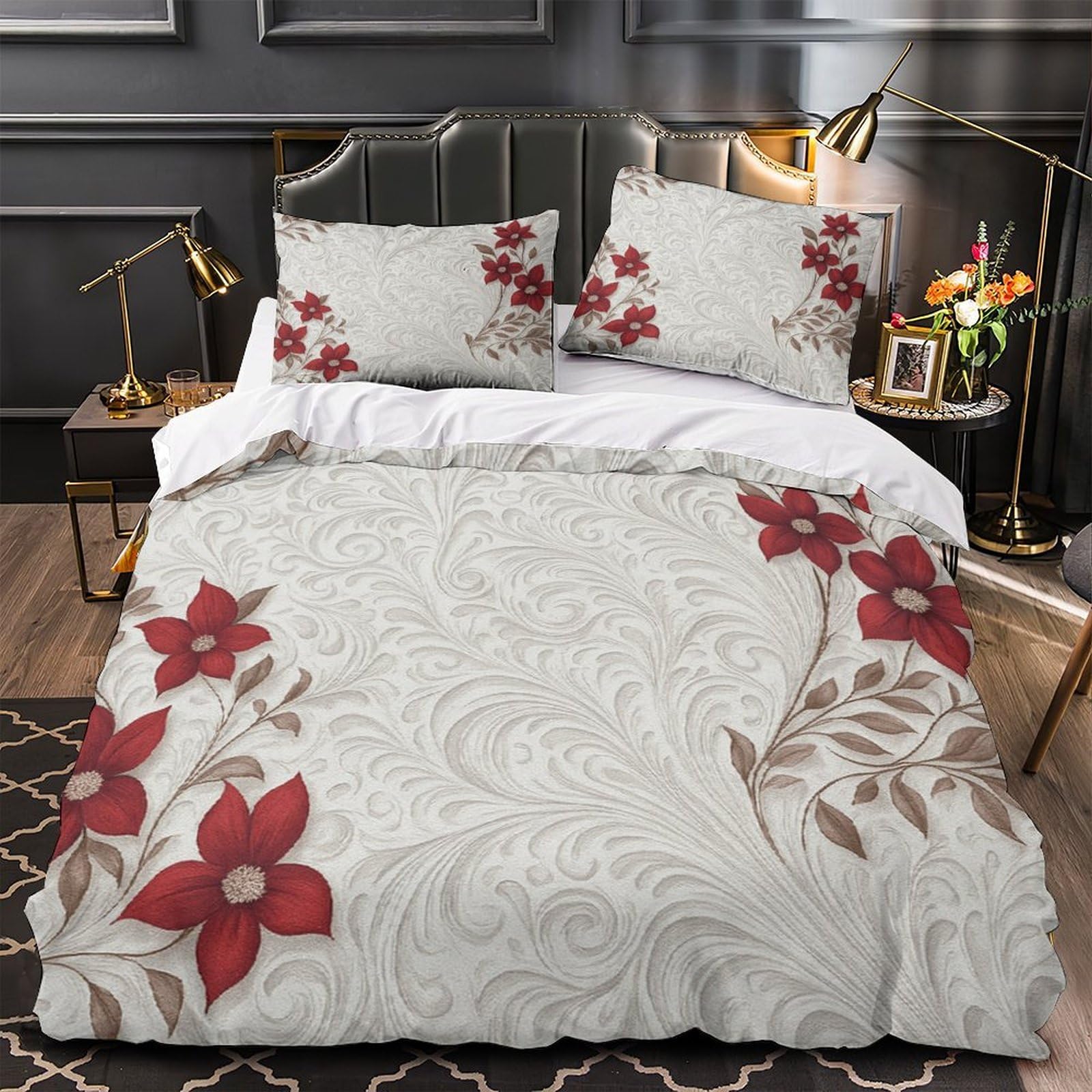 Housse de couette rose rouge botanique en parure de lit élégante pour chambre d'ado