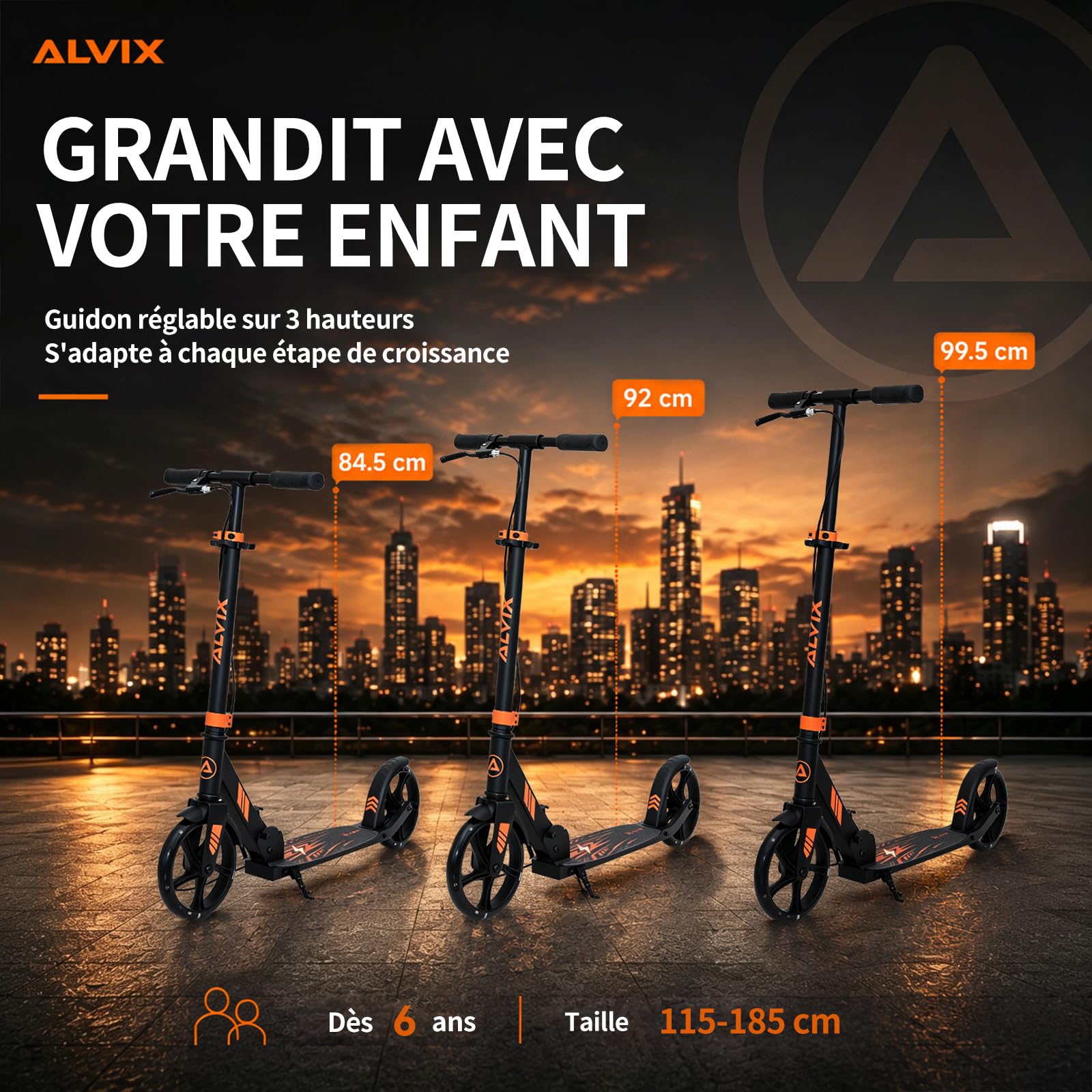 ALVIX Trottinette pour enfant avec frein à main et roues lumineuses LED, hauteur réglable à partir de 6 ans, roues de 200 mm, trottinette pliable avec sangle de transport, large plateau, jusqu'à 100