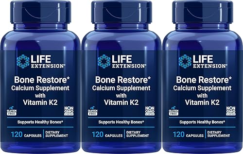 Life Extension Suplemento de calcio Bone Restore con vitamina K2, 120 cápsulas (paquete de 3)