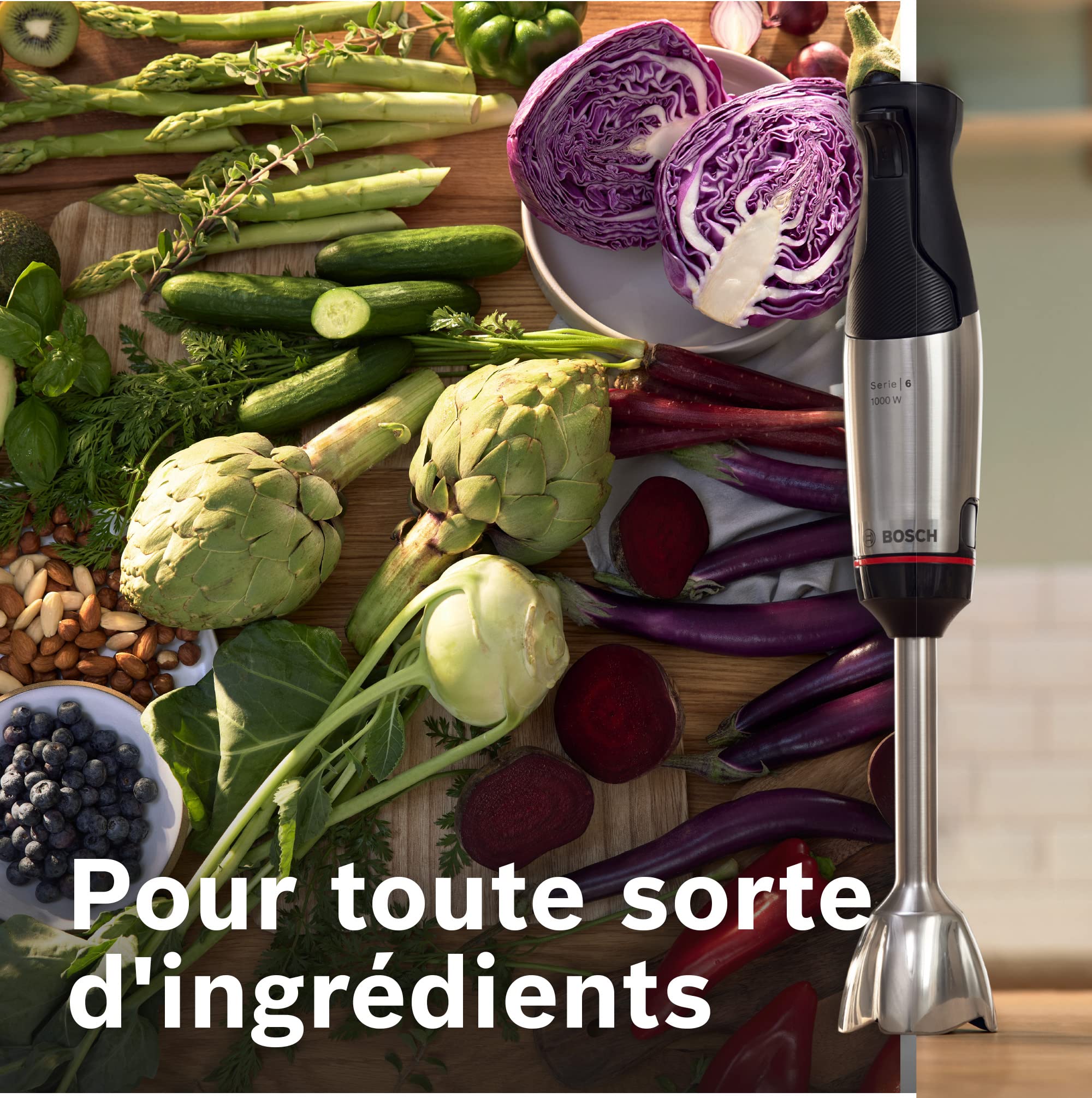 Bosch, mixeur plongeant, ErgoMaster Series 4, moteur 1000 watts refroidi par air, contrôle dynamique de la vitesse, couteau QuattroBlade Pro, accessoires inclus, MSM4B610