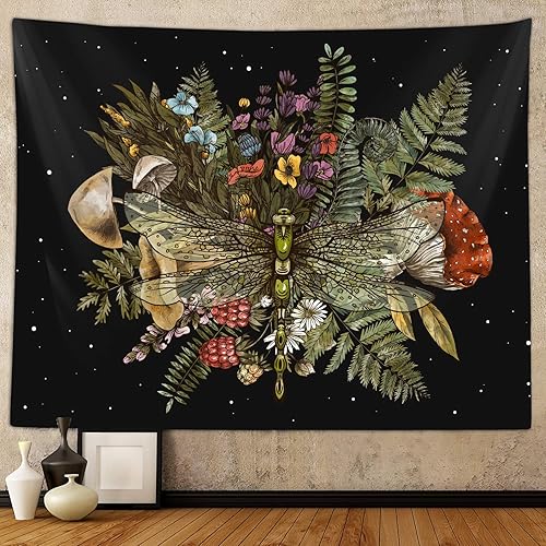 Tapiz bohemio de libélula de hongos para dormitorio, estético, tapices de arte botánico vintage para colgar en la pared para dormitorio