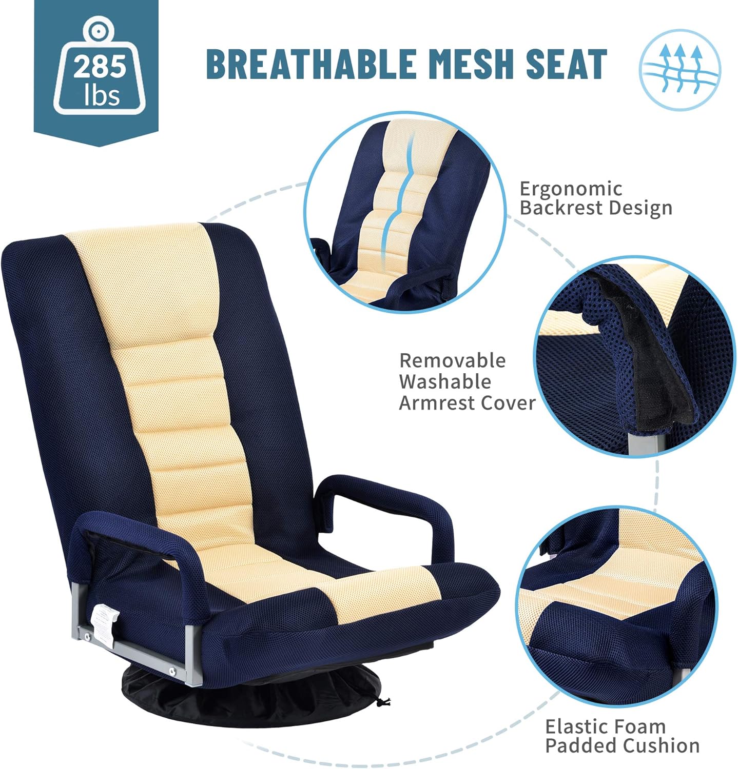 Foldable Floor Gaming Chair Video Gaming Rocker Chair for Adults, 360° Swivel Comfort Armrest 7-position adjustable back, for TV Reading, 330 lbs Support, Steel Frame, Comfortable Fabrics (Blue+Beige)