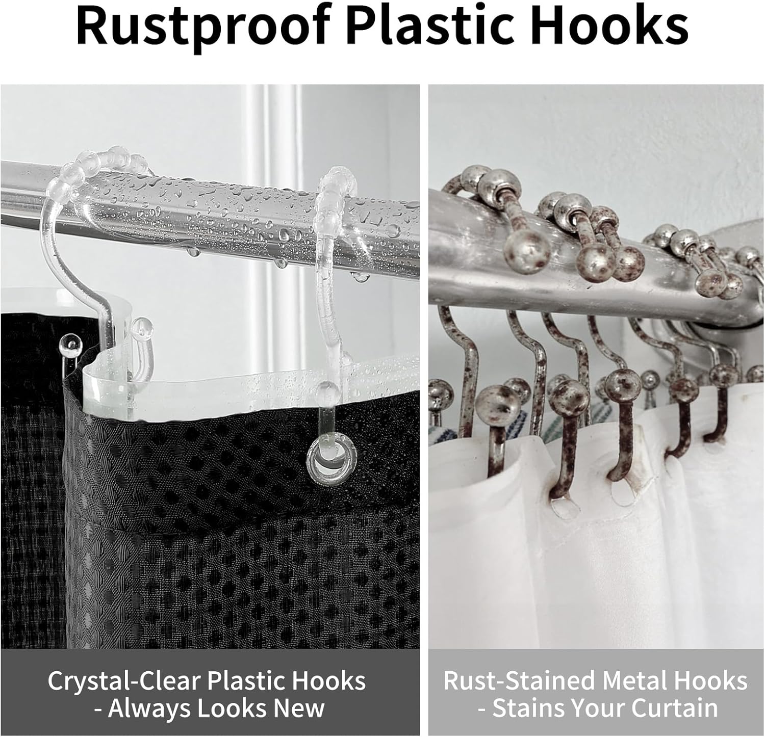 QiyI 3 in 1 Shower Curtain Set, Black Waffle Shower Curtain and Liner Set with 12 Double Shower Curtain Hooks, Waterproof Fabric Hotel Bathroom Curtain with PEVA Liner & Clear Plastic Rings, 72 x 78