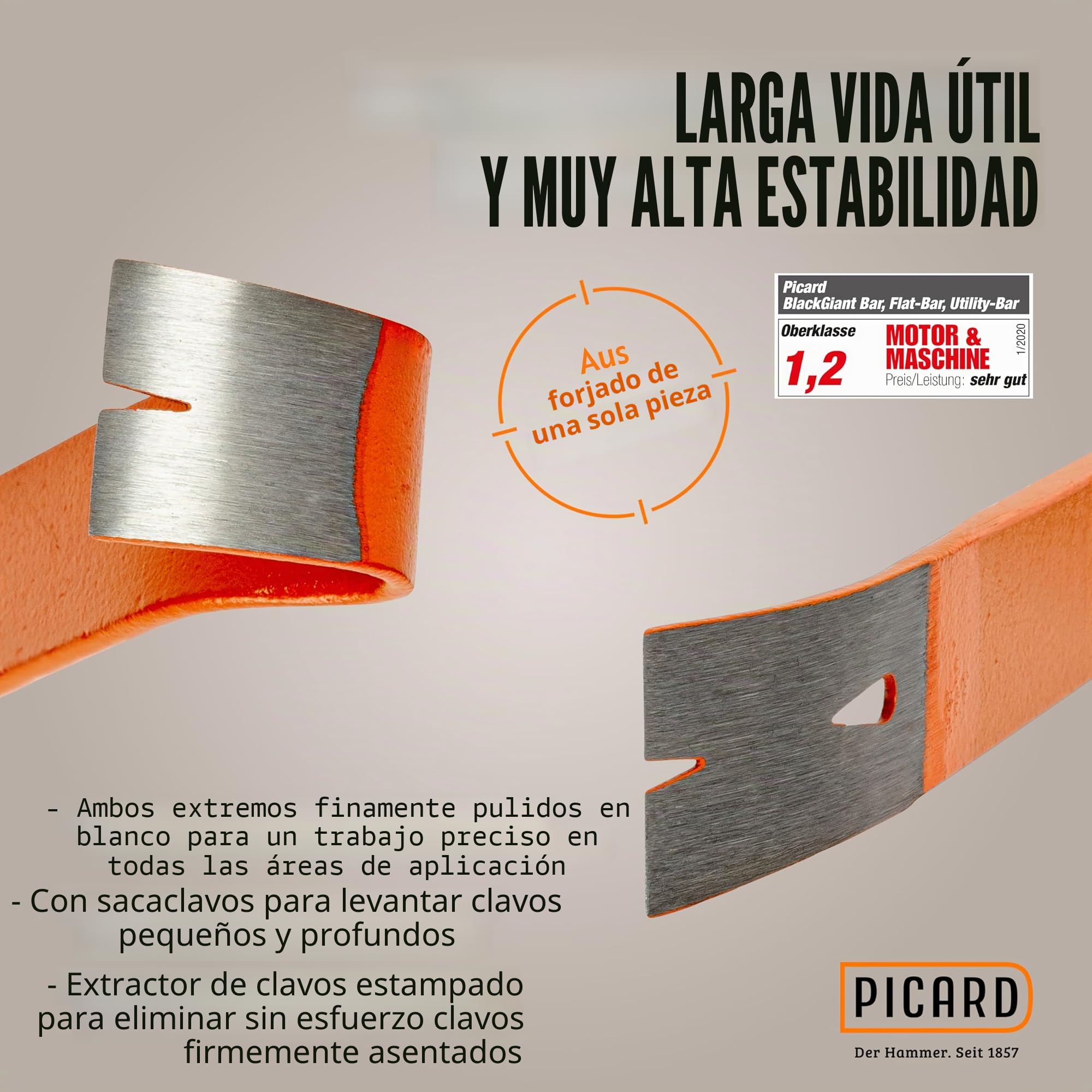 Martillo de carpintero Picard Nr. 298 + sacaclavos | 600 g de peso del cabezal | Pista rugosa | Soporte magnético para clavos | Protegido contra la corrosión | Mango de tubo de acero cromo-molibdeno |