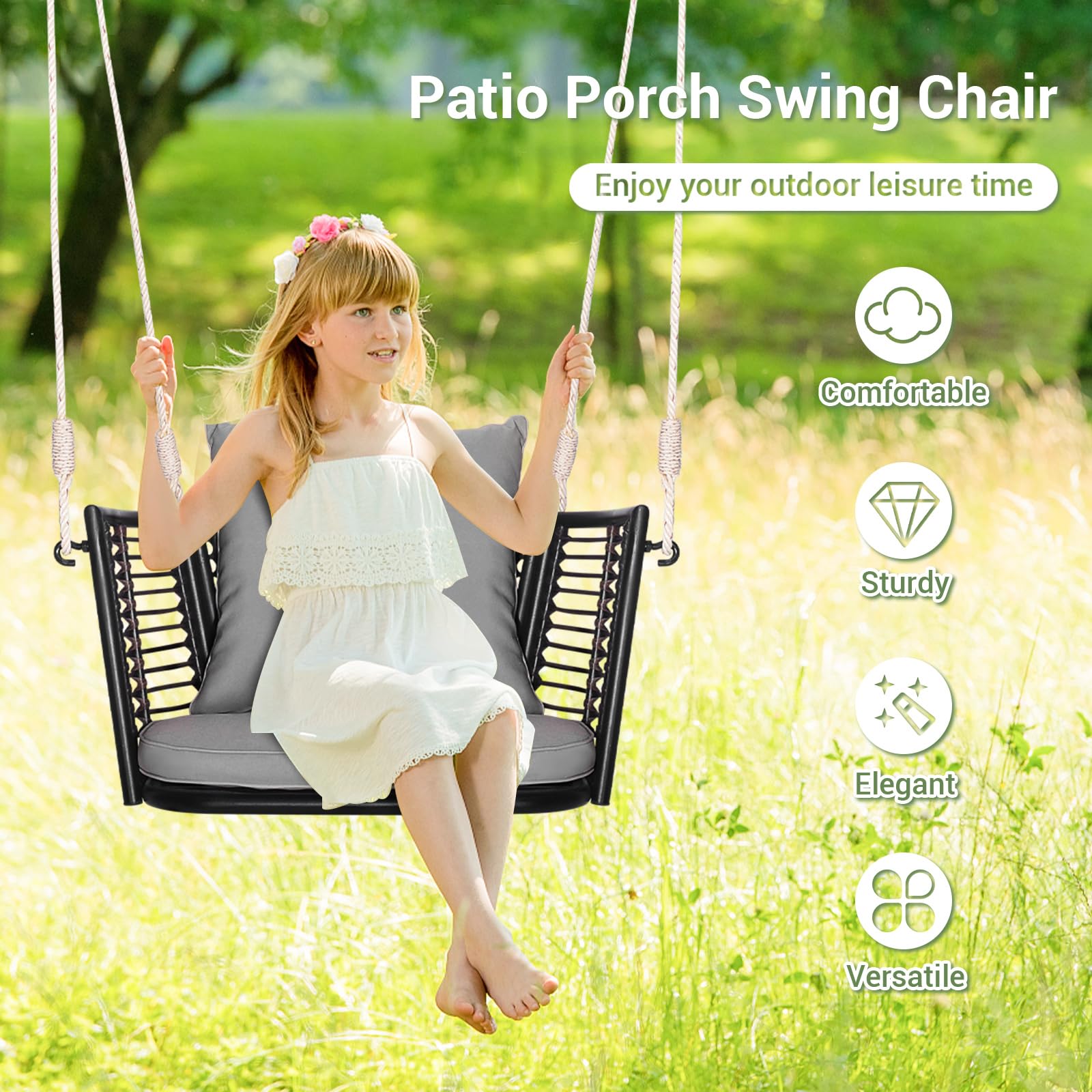 FANTASK Hängesessel Outdoor, Hängeschaukel Rattan mit Kissens & Metallrahmen & Hängeseilen, Hängesitz bis 180kg belastbar, Hängestuhl, Schaukelsessel für Veranda Garten Hinterhof (Grau)