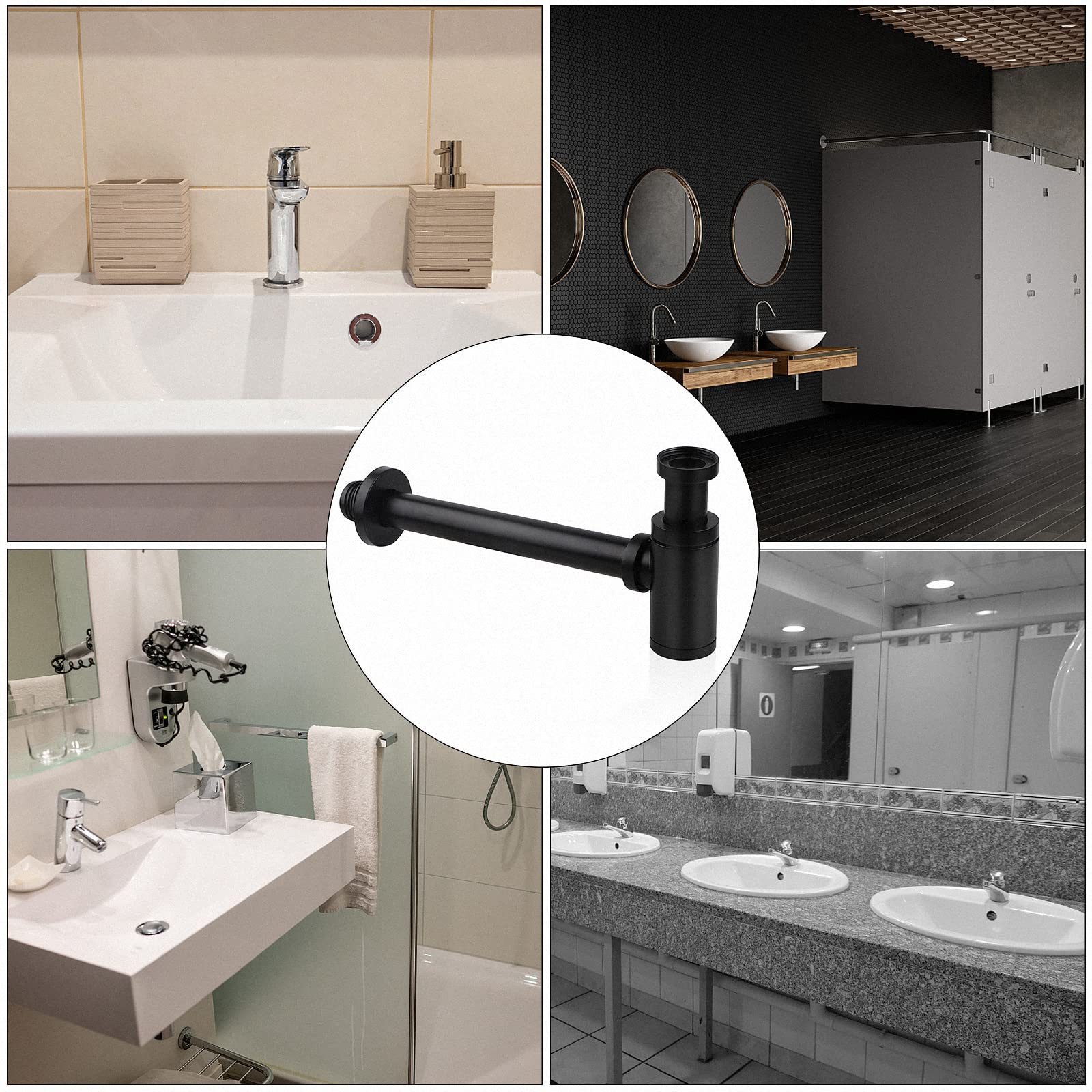 EXLECO Siphon de Lavabo Noir Universel Tube Siphon de Lavabo Siphon en Acier Inoxydable 1 1/4 x 32mm Salle de Bain Siphon Évier Métal Siphon à Tube Siphon à Tube Syphon Lavabo Reglable Anti Odeur