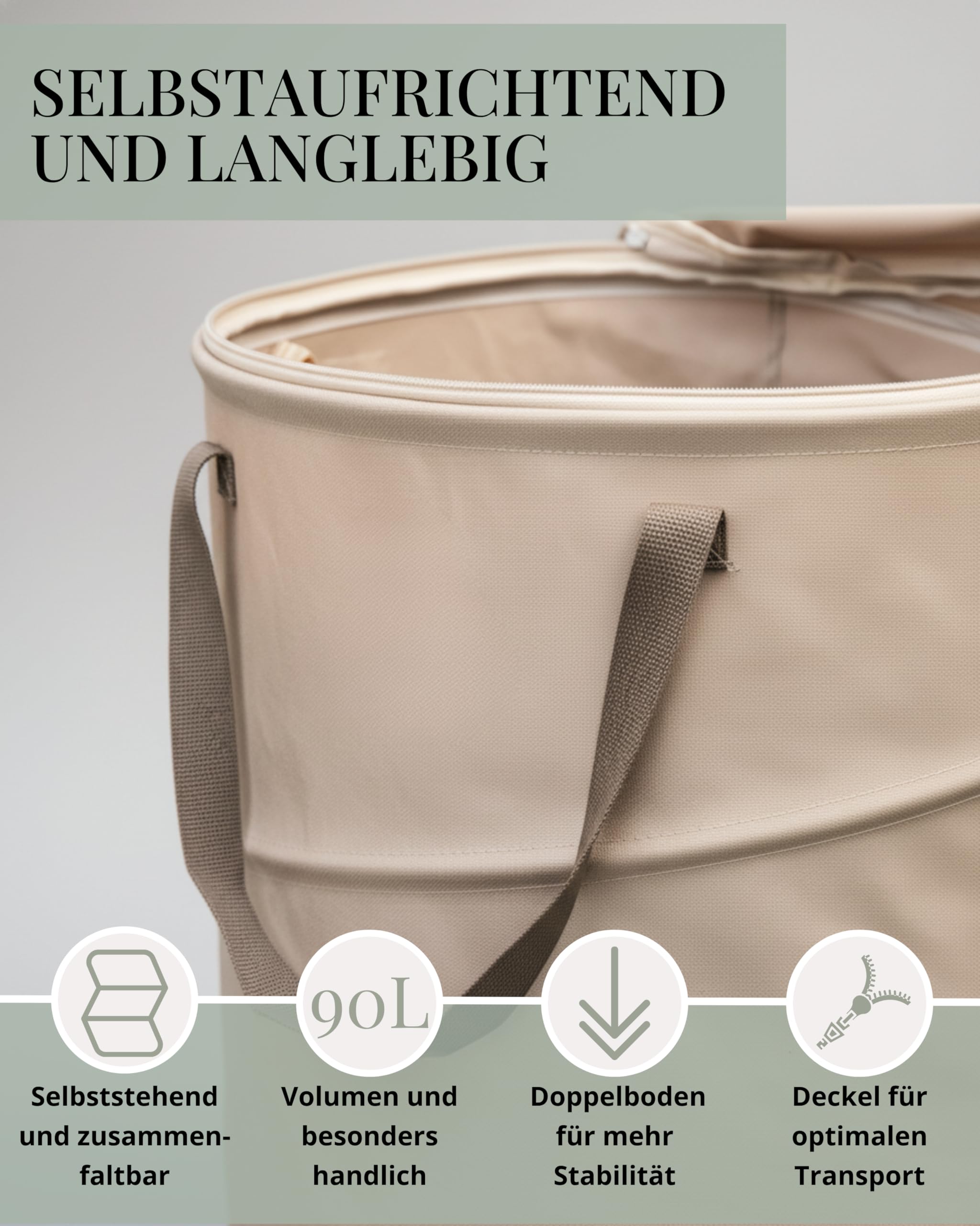 LIVLIG Pop Up Gartensack 90L, Faltbarer Gartenabfallsack mit Deckel und doppeltem Boden, Stabiler Laubsack mit Deckel, Laubsack und Gartenabfallsack Beige
