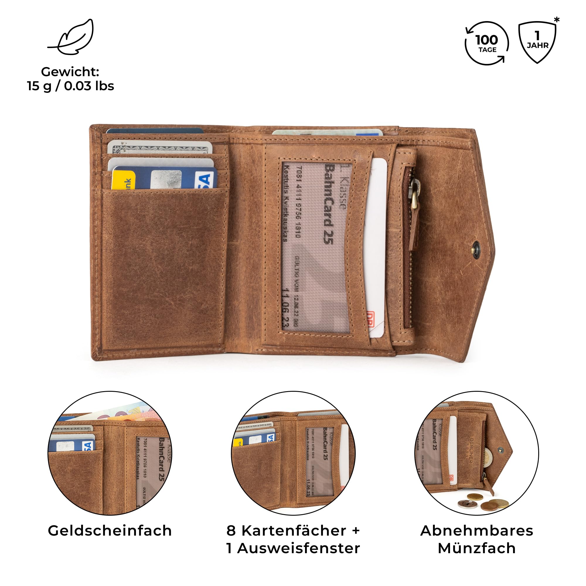 Berliner Bags Vintage Geldbörse Katy aus Leder, Stilvolles Dreifach-Portemonnaie klein mit RFID-Schutz, 7 Kartenfächern und abnehmbarem Münzfach für Damen - Braun