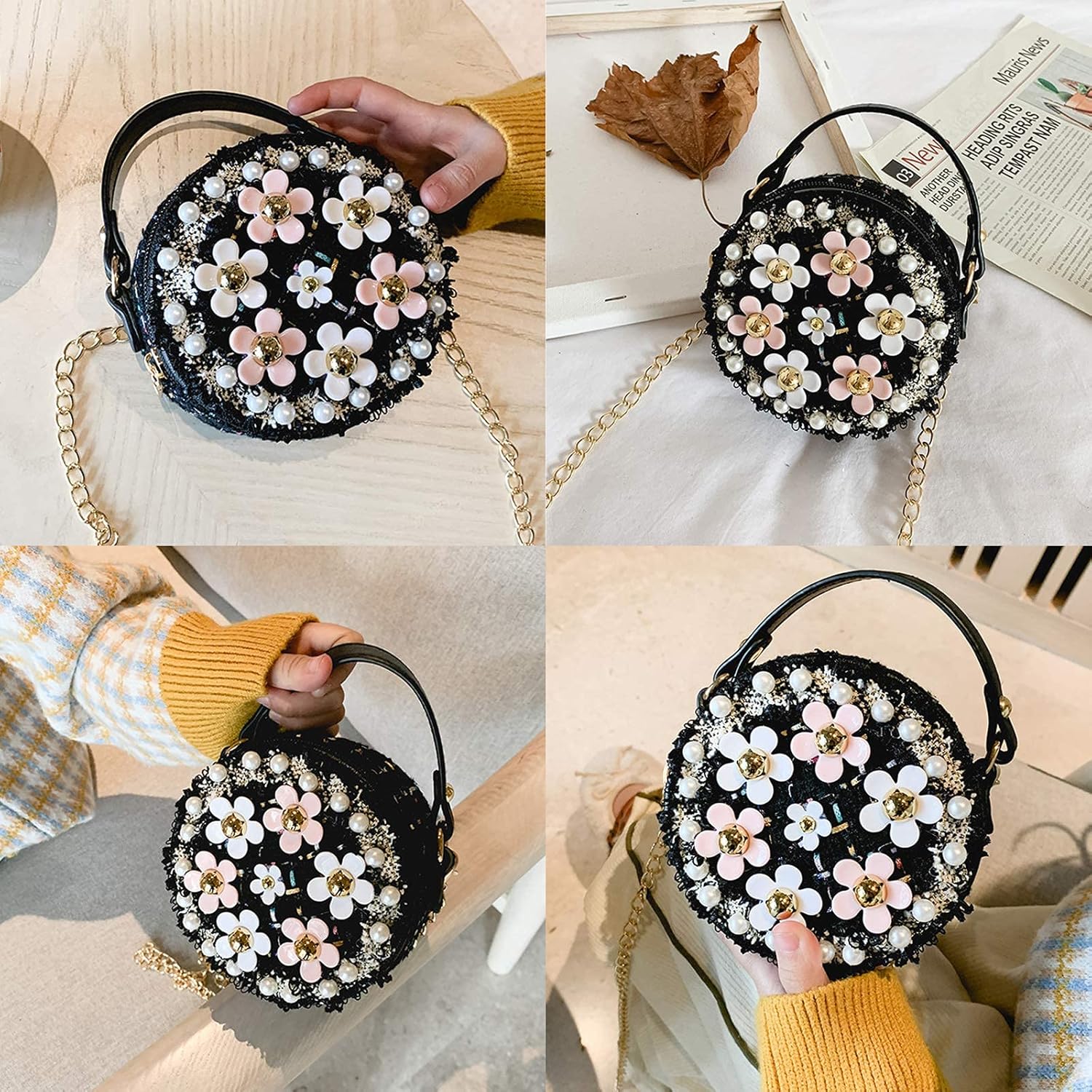 Forwe Little Girls Toddler Crossbody Purse with Pearl Flowers Mini Cute Princess Handbags Shoulder Chain Bag - Image 5