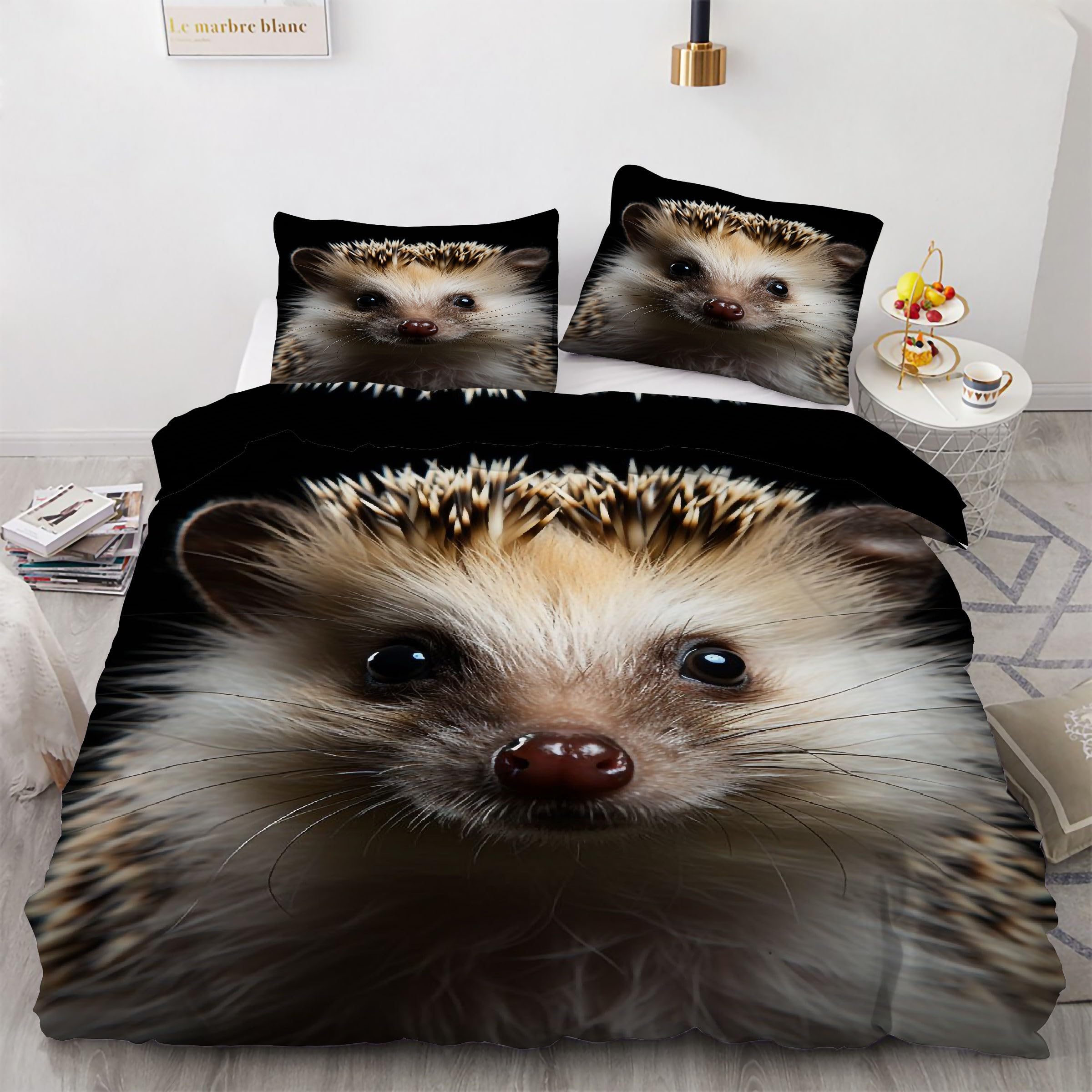 Housse de couette 160x200 animaux mignons parure de lit hérisson avec zip anti-glissement