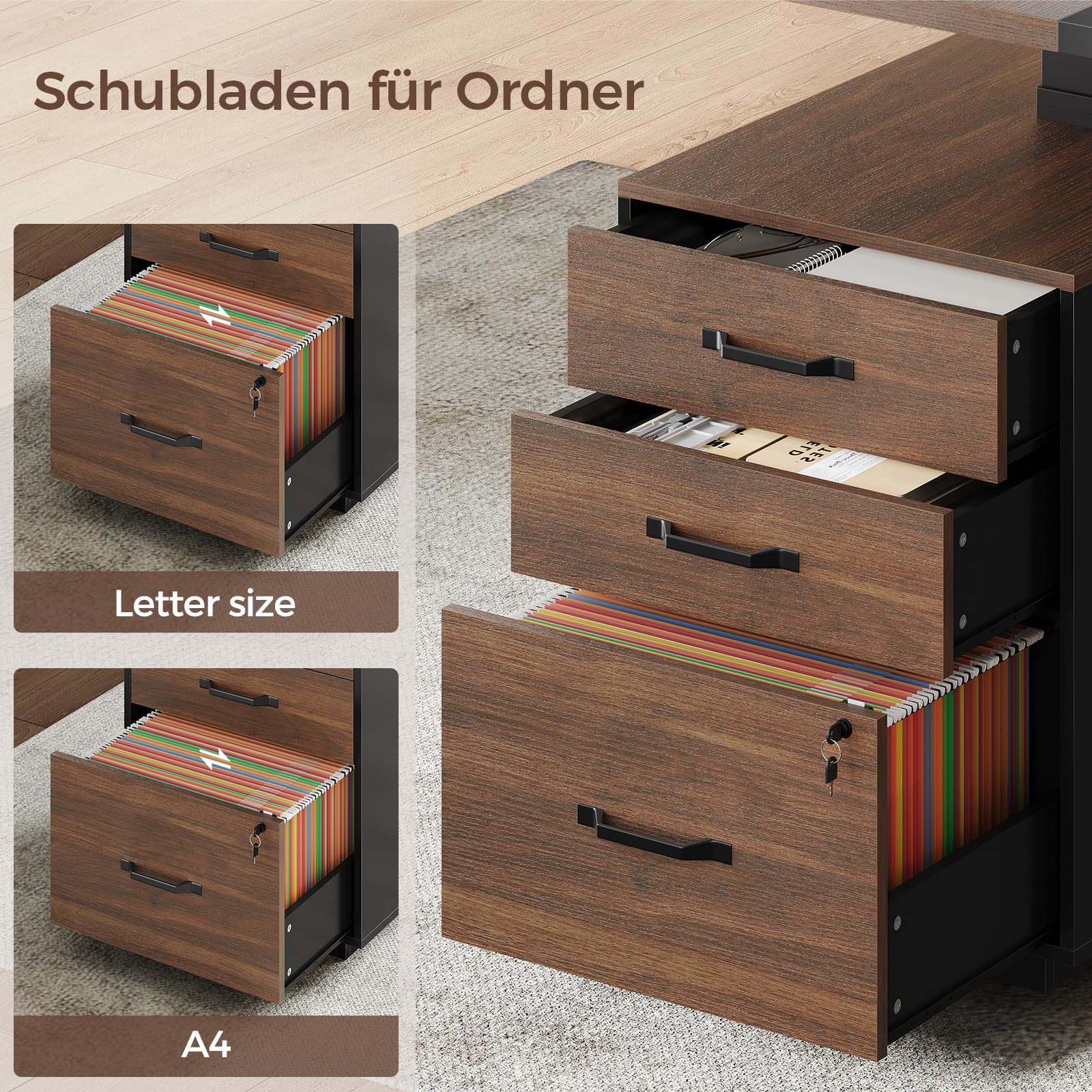 KIMENICH Höhenverstellbarer Schreibtisch elektrisch 140x70 cm, Computertisch mit Schubladen, offene Fächer, Ladefunktion, Stehtisch, Bürotisch, Memory-Funktion, Schwarz