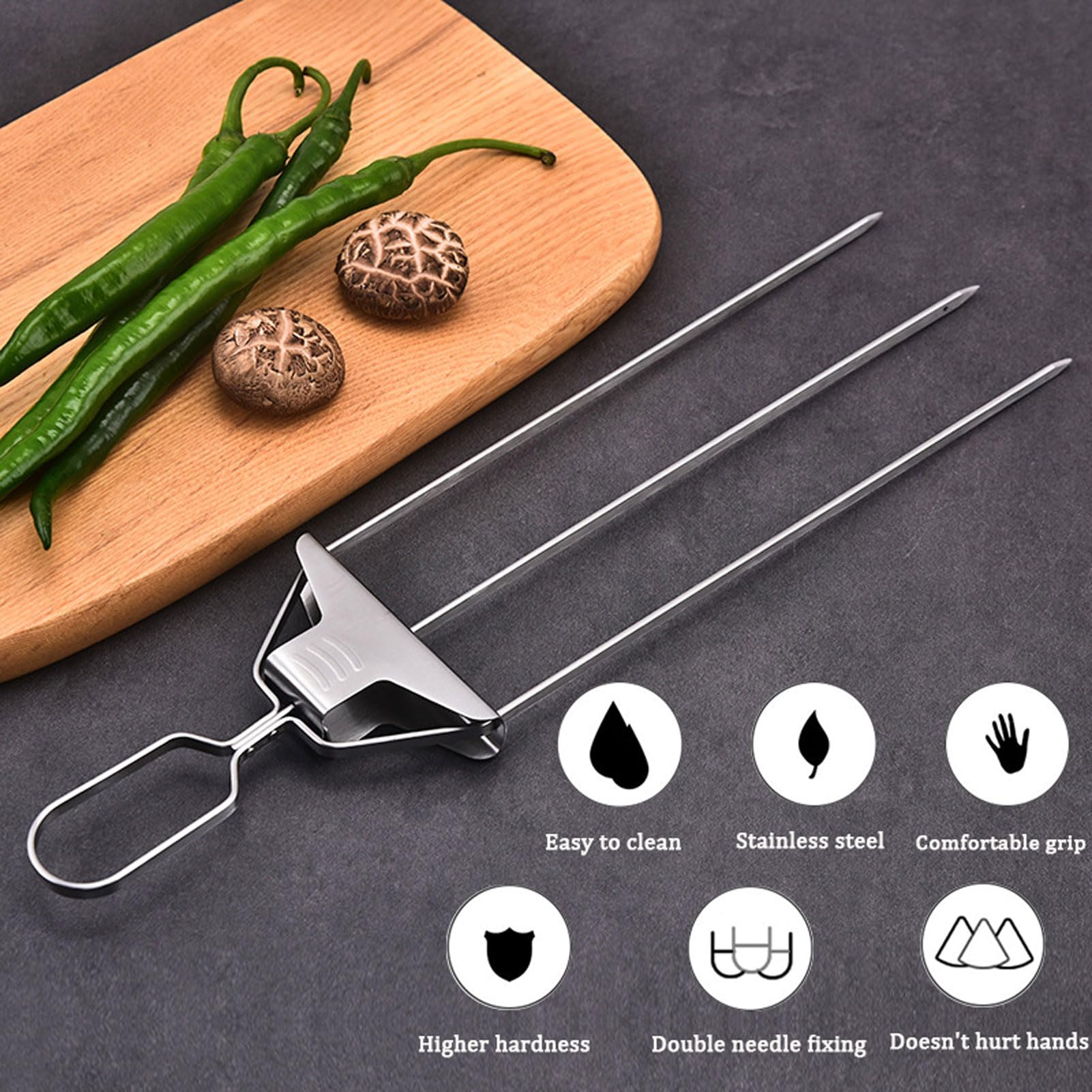 Spiedini per kebab, spiedini in acciaio inox a 3 rebbi, spiedini per barbecue con barra scorrevole a pressione, accessori per barbecue per carne, pollo, salsicce, verdure (2 pezzi