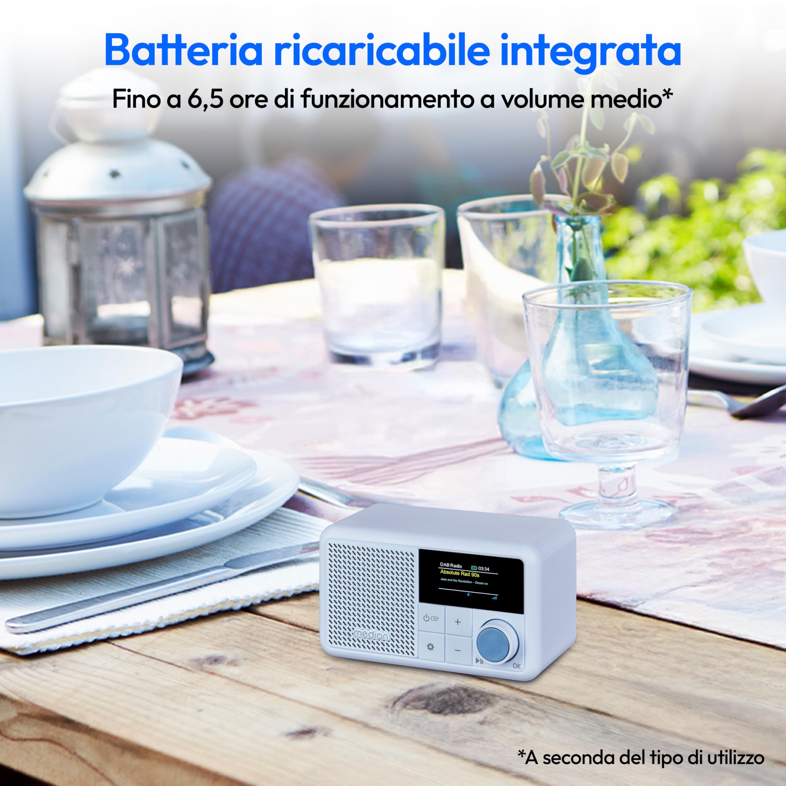MEDION S66822 Mini radio DAB+ portatile con Bluetooth (batteria ricaricabile, display a colori oscurabile, antenna telescopica, sleep timer, sveglia, snooze, AUX, USB-C) blu