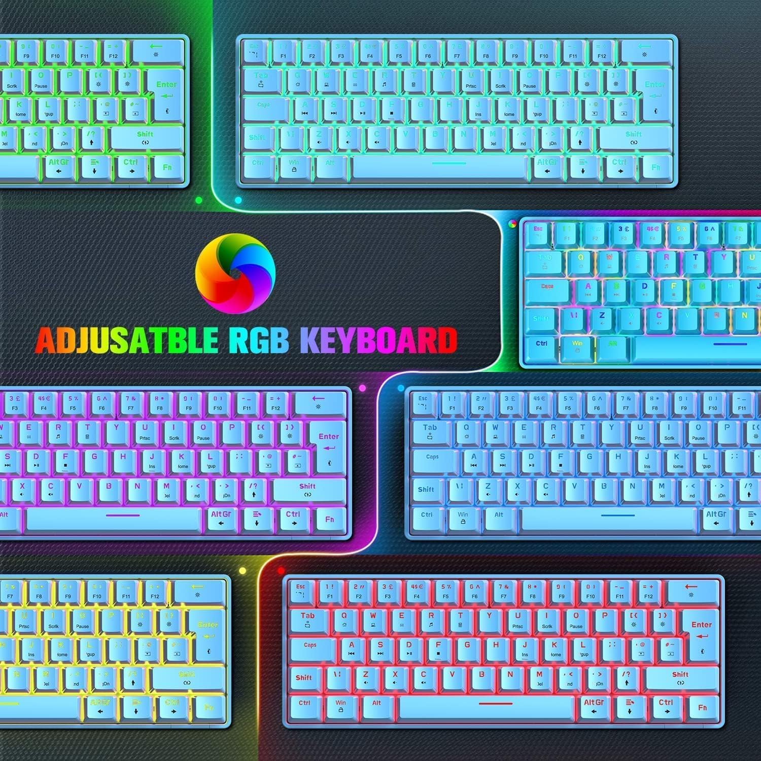 ZIYOU LANG T60 Clavier Et Souris De Jeu Mécaniques 60% [Disposition Britannique] – Mini Clavier Ergonomique Lumineux RVB De Type C – 12 000 DPI, Souris USB en Nid d'abeille– Interrupteur Bleu + Rouge
