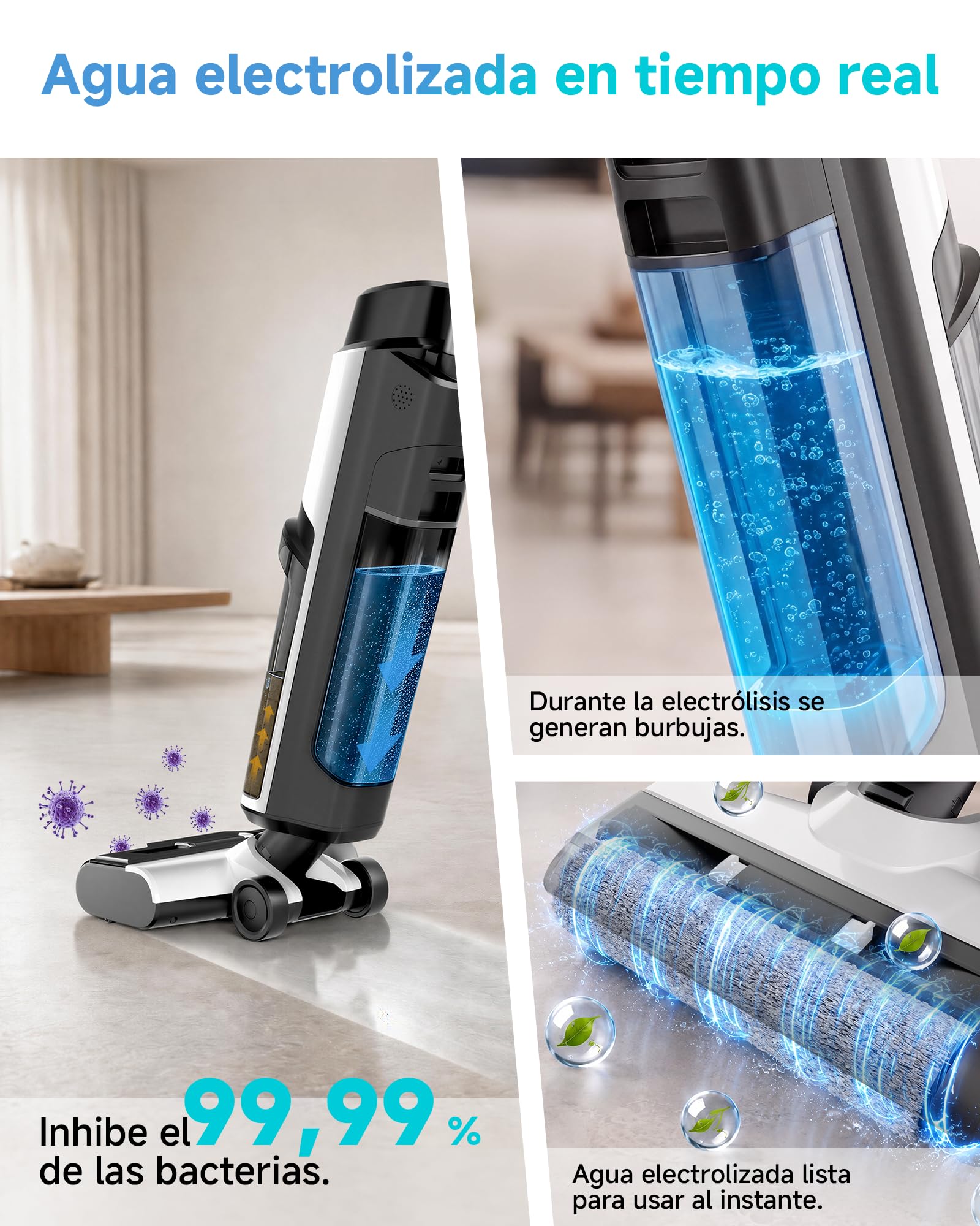 Hearten Fregona Electrica Sin Cable, 25 kPa de Gran succión, con Agua electrolizada, Ligera, Diseño Autopropulsado, Navegación por Voz, Autolimpieza, Antienredo, Limpieza de Bordes, LED Pantalla