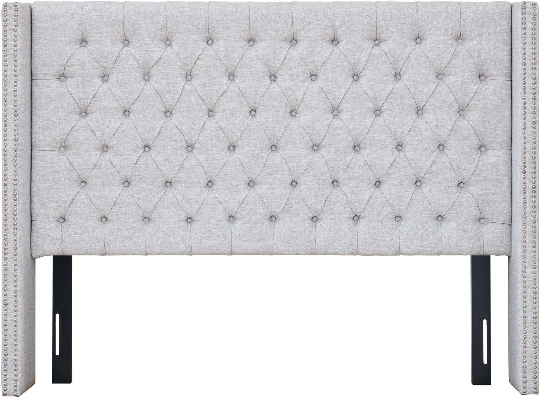 - Madison Park Queen Button Tufted Headboard, Adjustable Upholstered Transitional Wingback Headboard, Nailhead Trim, Wooden Frame, Black Metal Legs, Flush Flat Back, Vintage Bedroom Décor Amelia - Grey