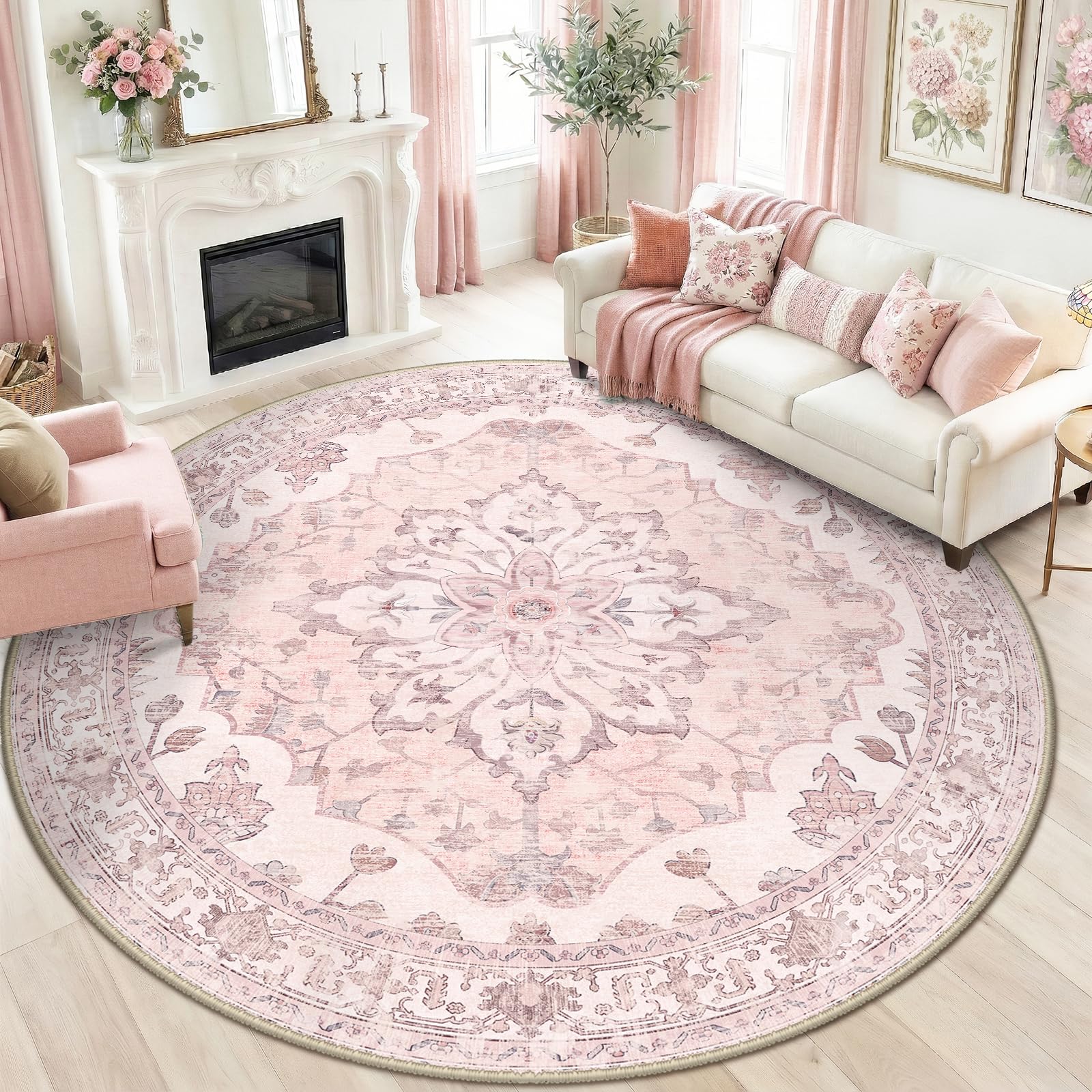 Photo 1 of RELEANY Area Rugs Round 8ft Washable Non-Slip, Floral Vintage Distress Medallion Carpet for Living Room Bedroom Dining Room, Pink Greypink Cute