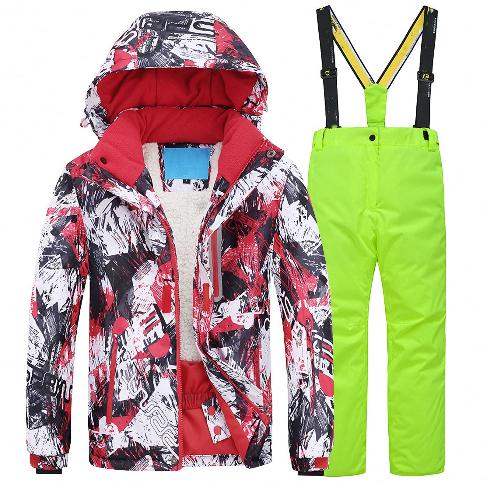 Skianzug Snowboard mit Kapuze+skioverallanzug,wasserfester und Warmer Kinder 2 teilig Skijacke Snowboarden für das Bergsteigen im freien,gefütterte Winterjacke aus Fleece,Red2,120