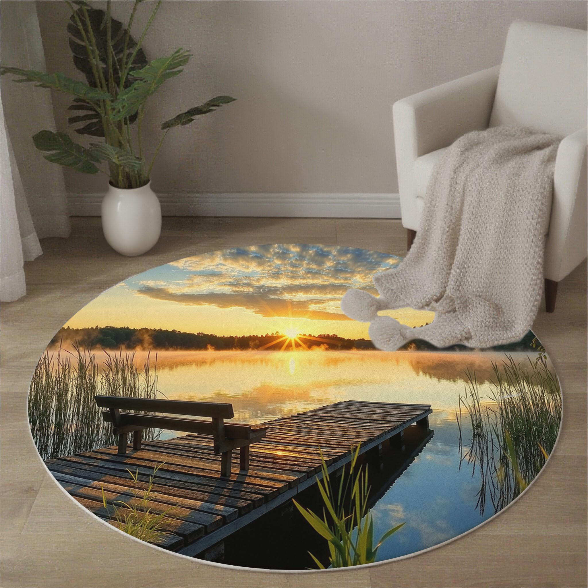 Tapis rond orange 120cm antidérapant imprimé paysage de lac pour salon