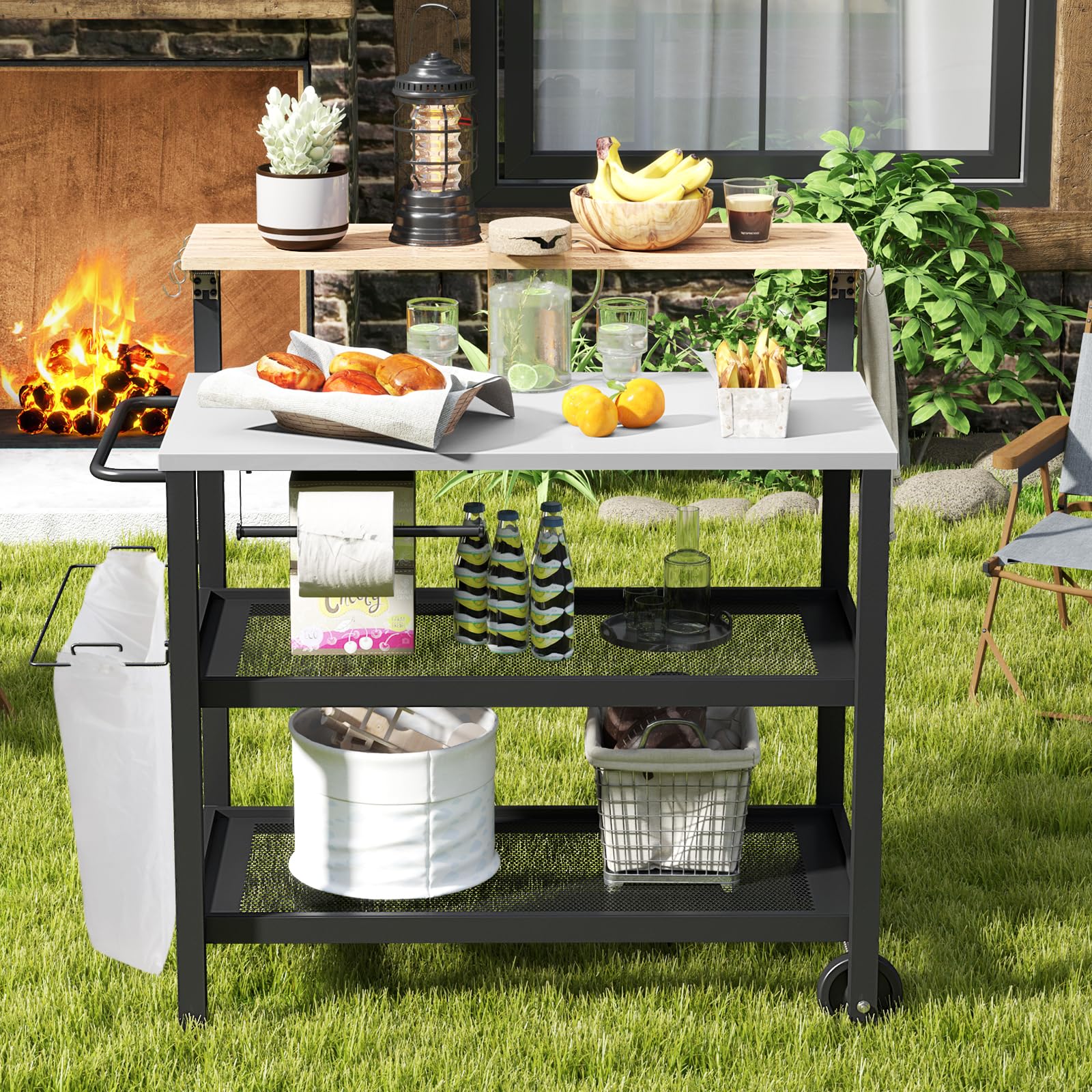 GIANTEX Carro de Cocina Multifuncional 4 Niveles, Carrito de Servicio con Tablero Plegable, Portarrollos de Pañuelos, Portabolsas y Ganchos, 2 Ruedas, Carro de Barbacoa para Patio, Balcón