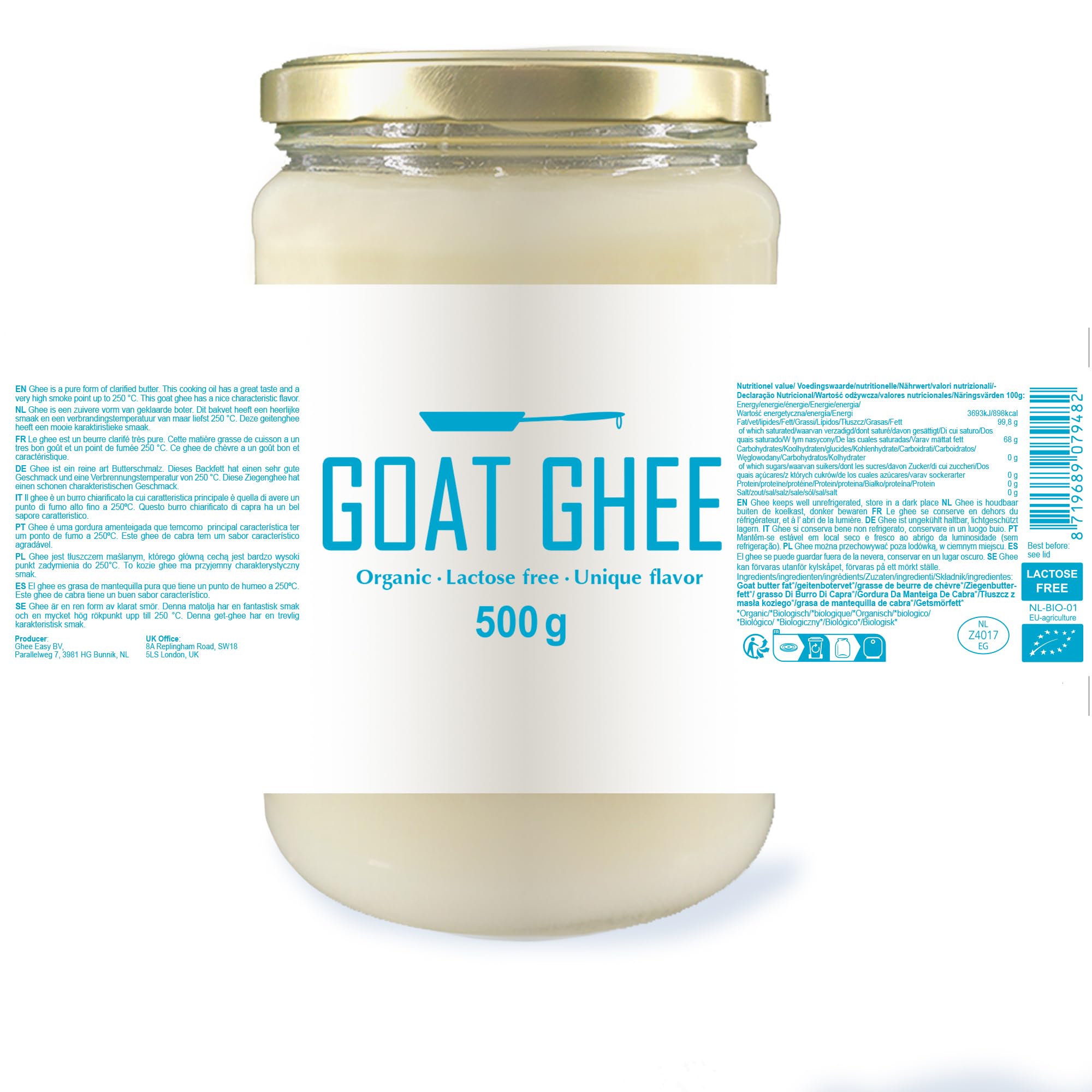 Ghee Easy Bio Ghee de Cabra 500g - Mantequilla de Cabra Clarificada Pura - 100% Orgánica - Ideal para Paleo y Keto - Libre de Gluten y Lactosa - Ayurveda