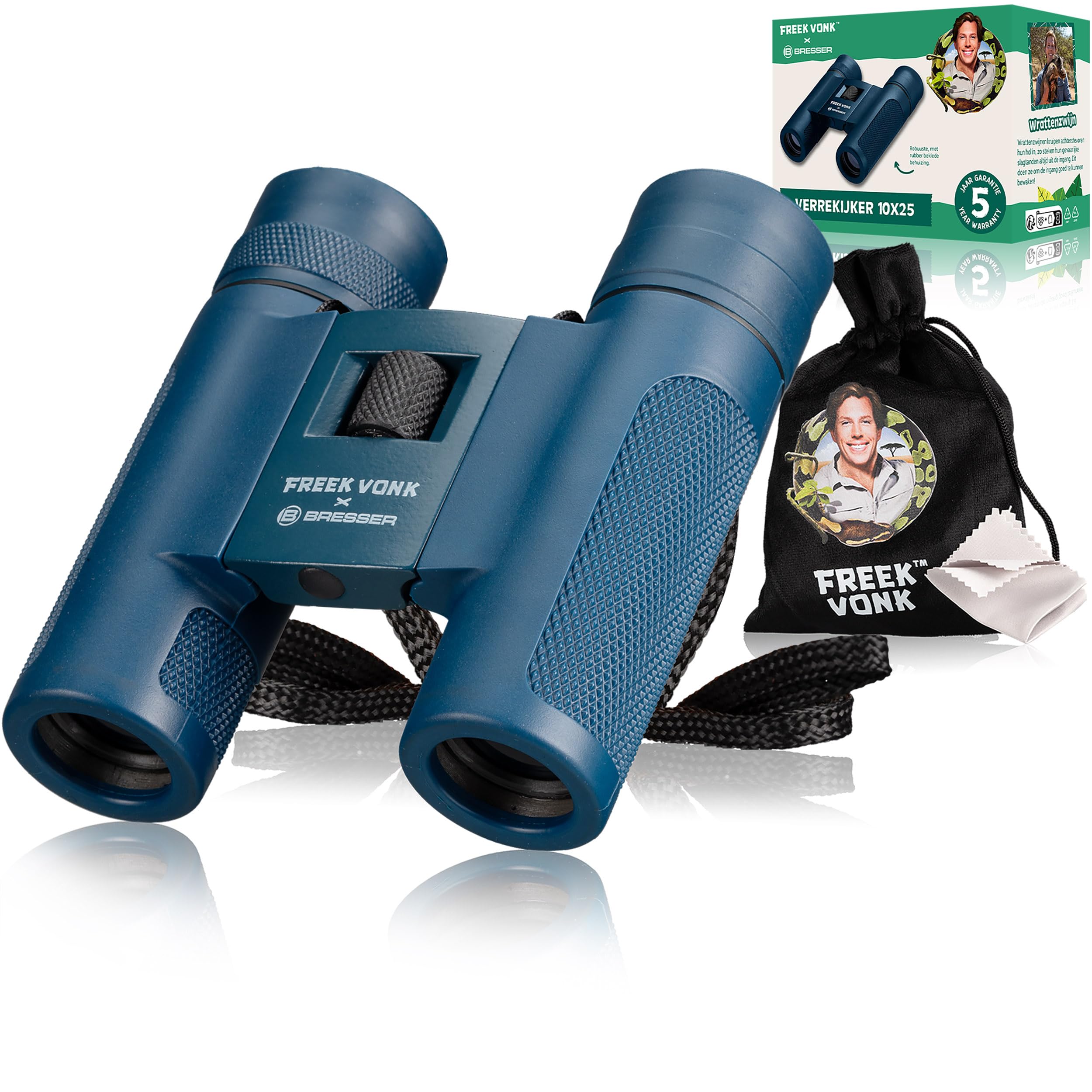 Freek Vonk x Bresser Kinderfernglas 10x25, faltbar, gummiert, geeignet für Brillenträger, inkl. Tasche und Reinigungstuch