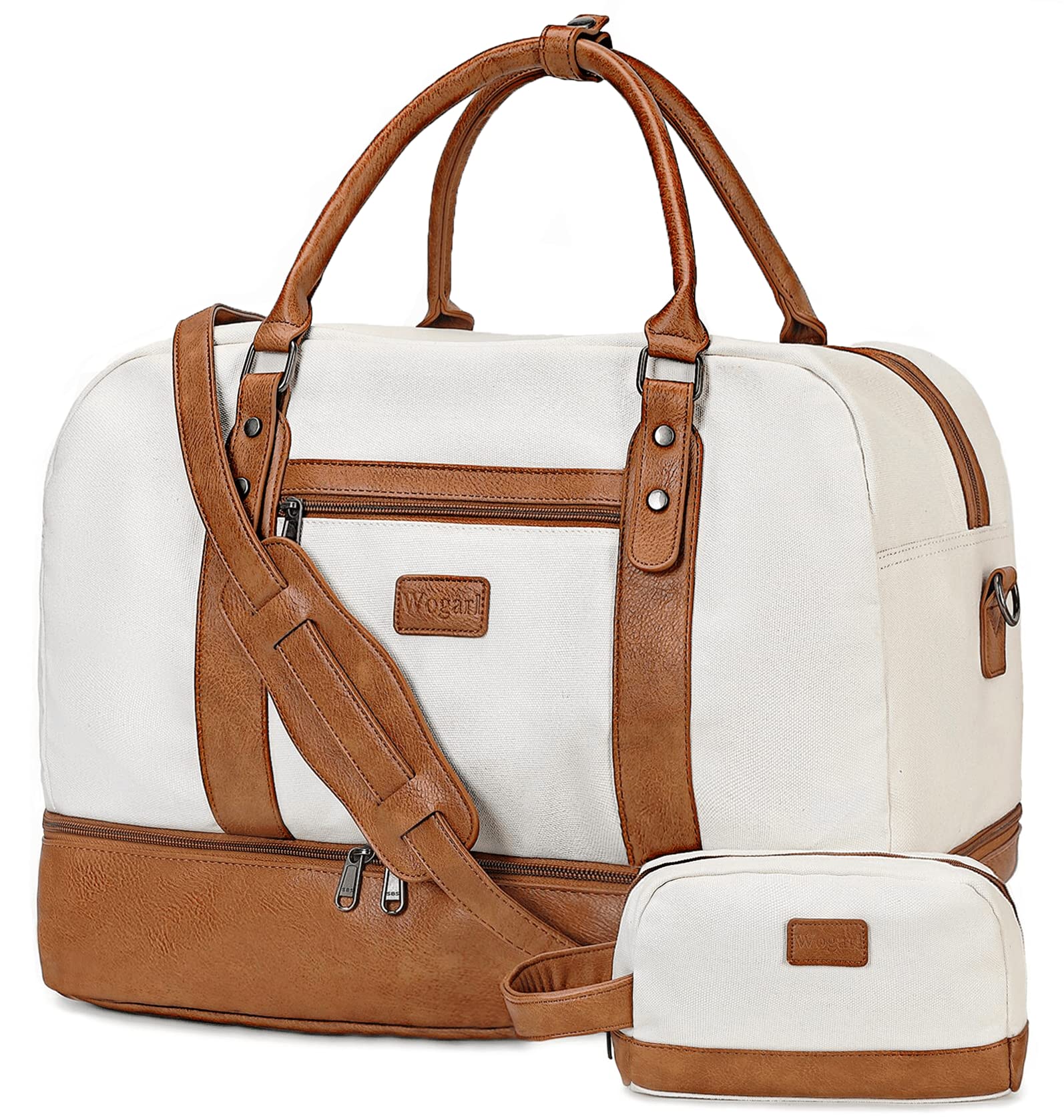 Wogarl Weekender Bags for Women Large Canvas Overnight Bag Travel Duffel Bags Carry on Shoulder Weekend Bag Tote with Shoe Compartment for Travel Night Flight Daily Use (Beige)