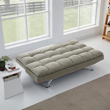 ELEGANT Sofa Bed Double 3 Seater Linen Fabric Fluffy Sponge Click Clack Sleeper Couch with Reclining Backrest/Chrome Legs for Living Room Bedroom Home Office Furniture Grey