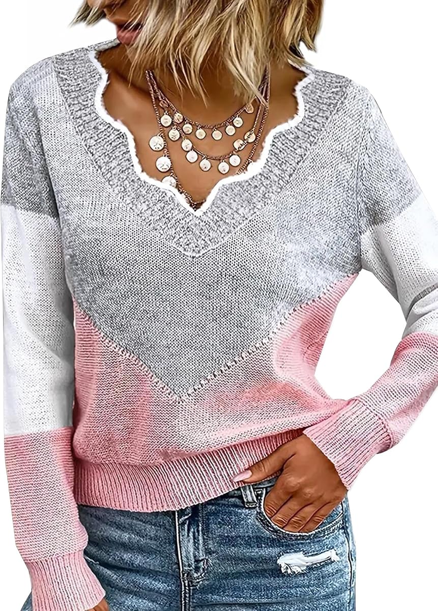 Women Fall Color Block V Neck Pullover Long Sleeve Sexy Cozy Ladies Sweaters Tops
