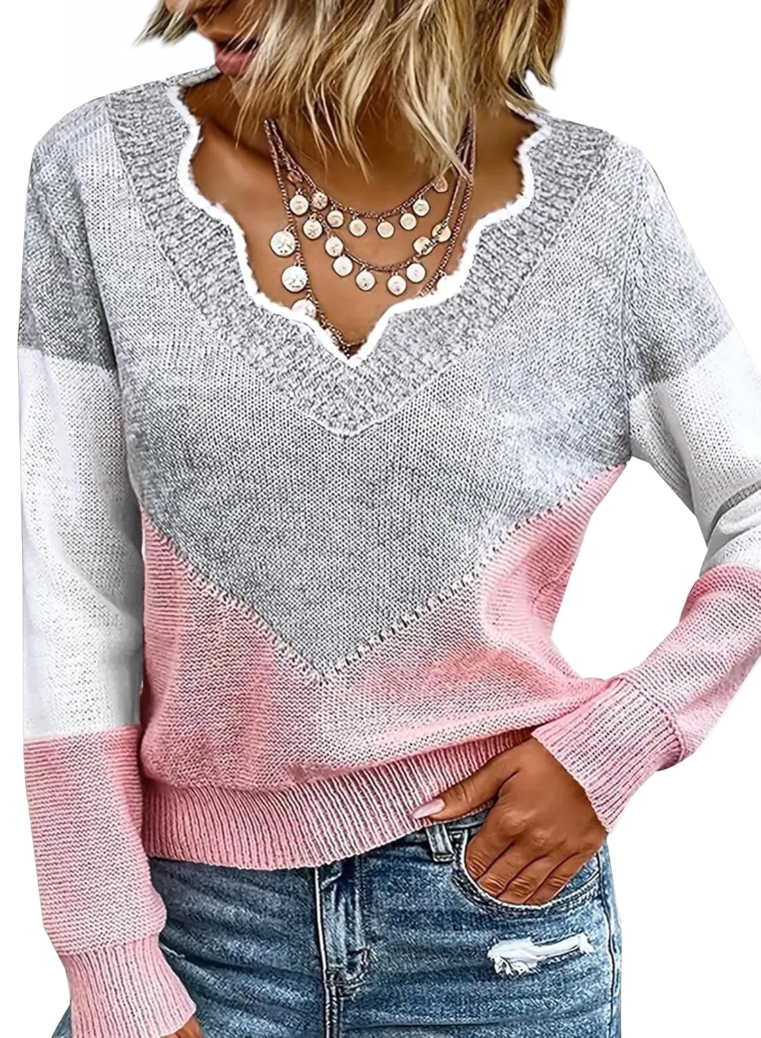 Women Fall Color Block V Neck Pullover Long Sleeve Sexy Cozy Ladies Sweaters Tops