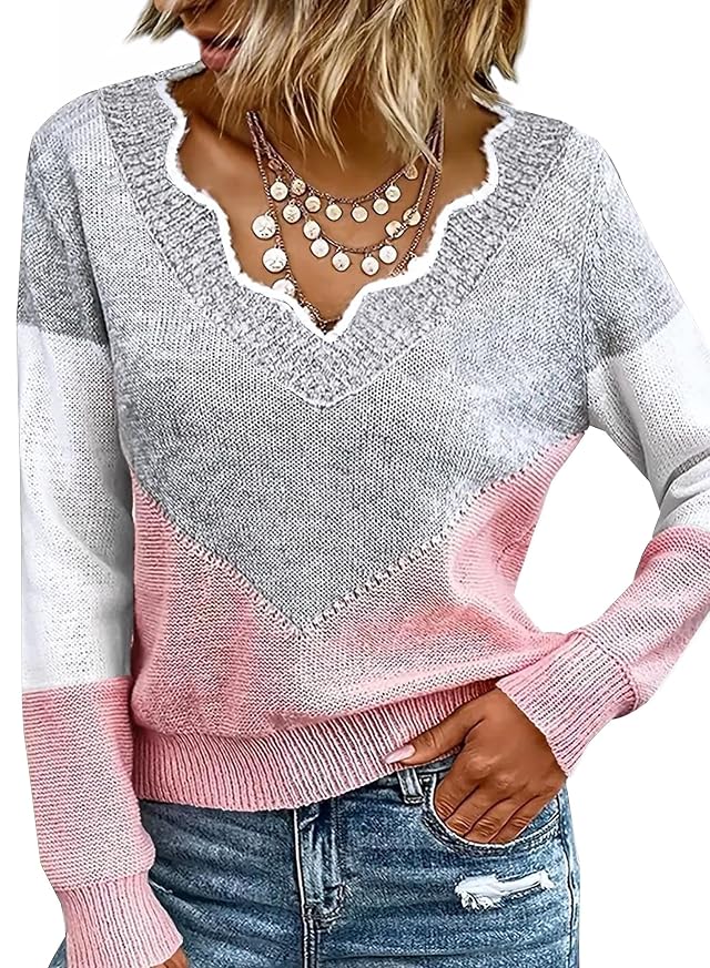 Women Fall Color Block V Neck Pullover Long Sleeve Sexy Cozy Ladies Sweaters Tops