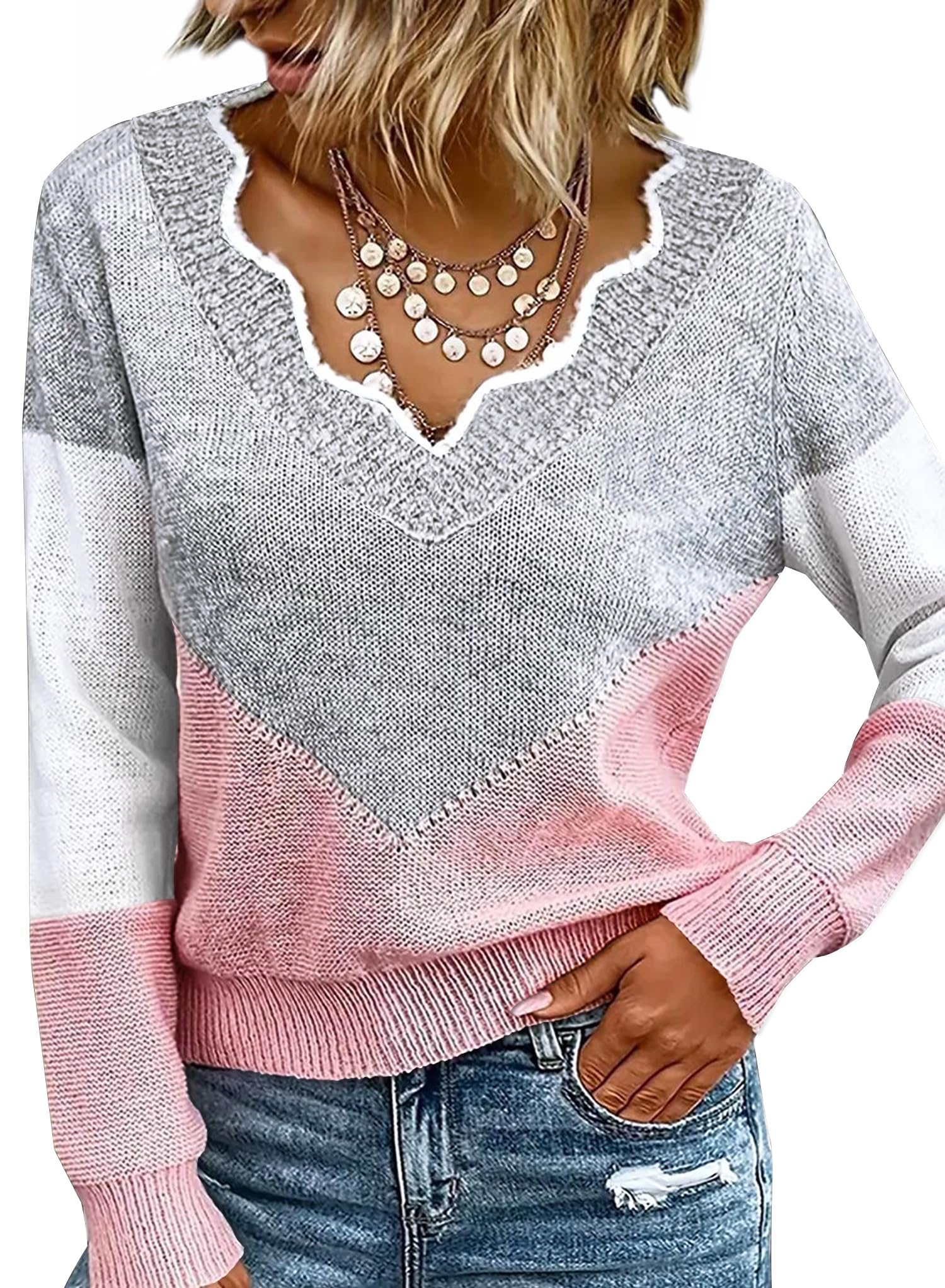 Women Fall Color Block V Neck Pullover Long Sleeve Sexy Cozy Ladies Sweaters Tops