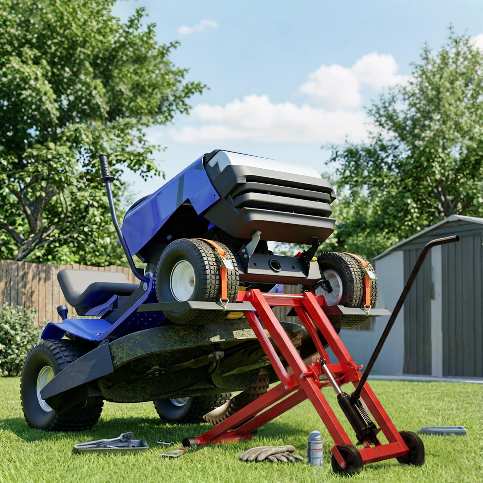 Froadp Elevador de tractor de césped de hasta 227 kg, elevador de cortacésped con altura de elevación de 3 niveles, cojín ajustable, elevador de césped de acero con ruedas, elevación de mantenimiento