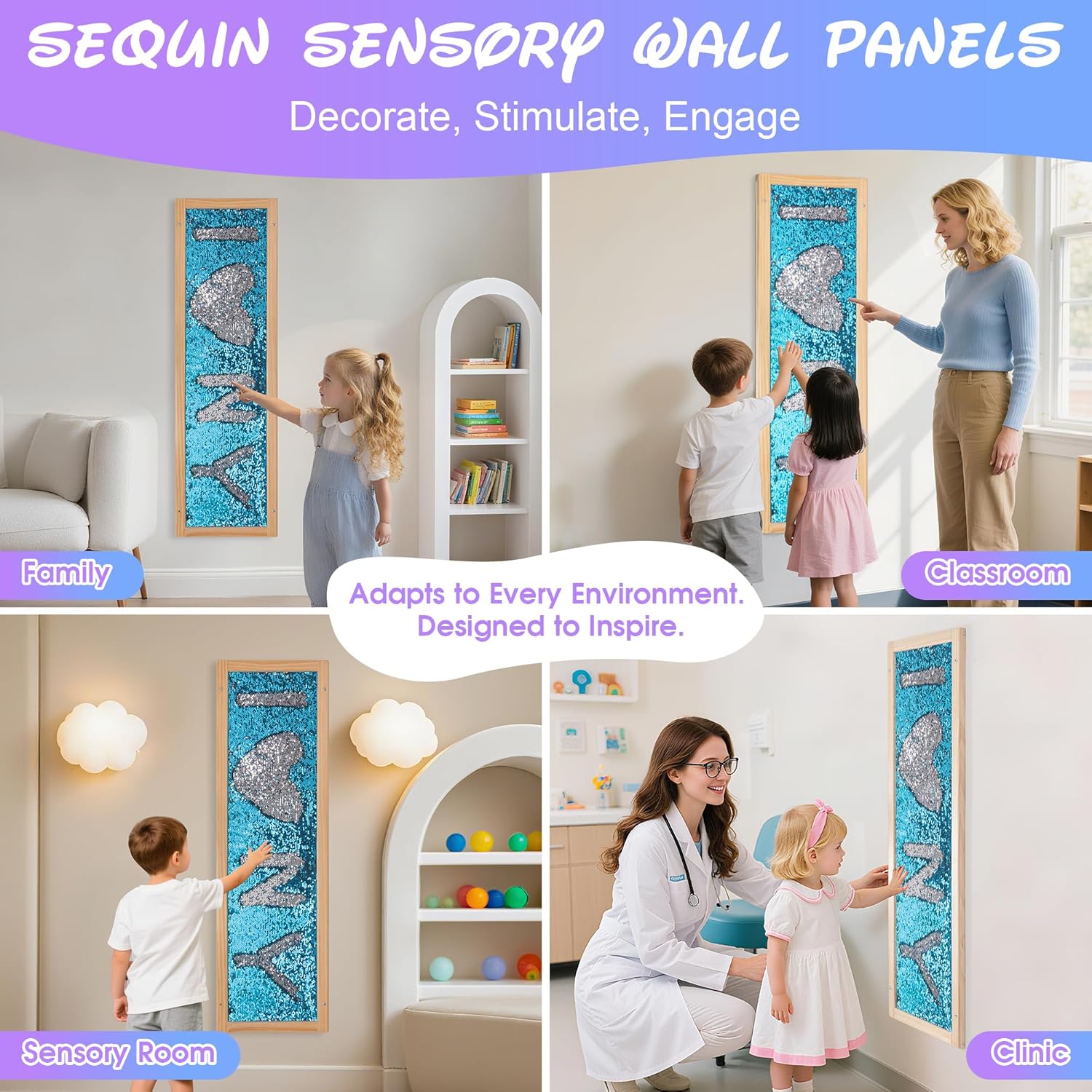 Sequin Sensory Wall Frame-39"x12" Flip Sequin Fabric Sensory Panel for Kids - Reversible Wall-Mounted Sequin Board with Multiple Color Options for Sensory Room, Therapy & Home (Sky Blue + Silver)
