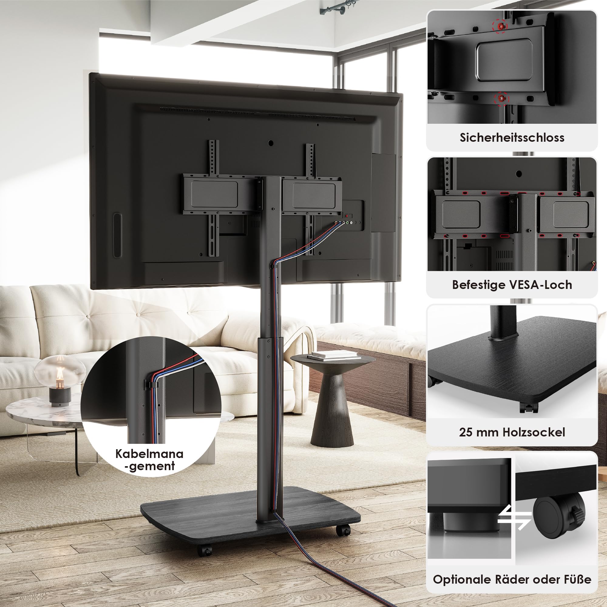 AOKCOS TV Bodenständer Rollbar mit Holzregal, TV Ständer mit Rollen für 43-75 Zoll Flach & Curved Fernseher bis 50kg, Höhenverstellbar Schwenkbar Fernsehstand, Max.VESA 600x400mm