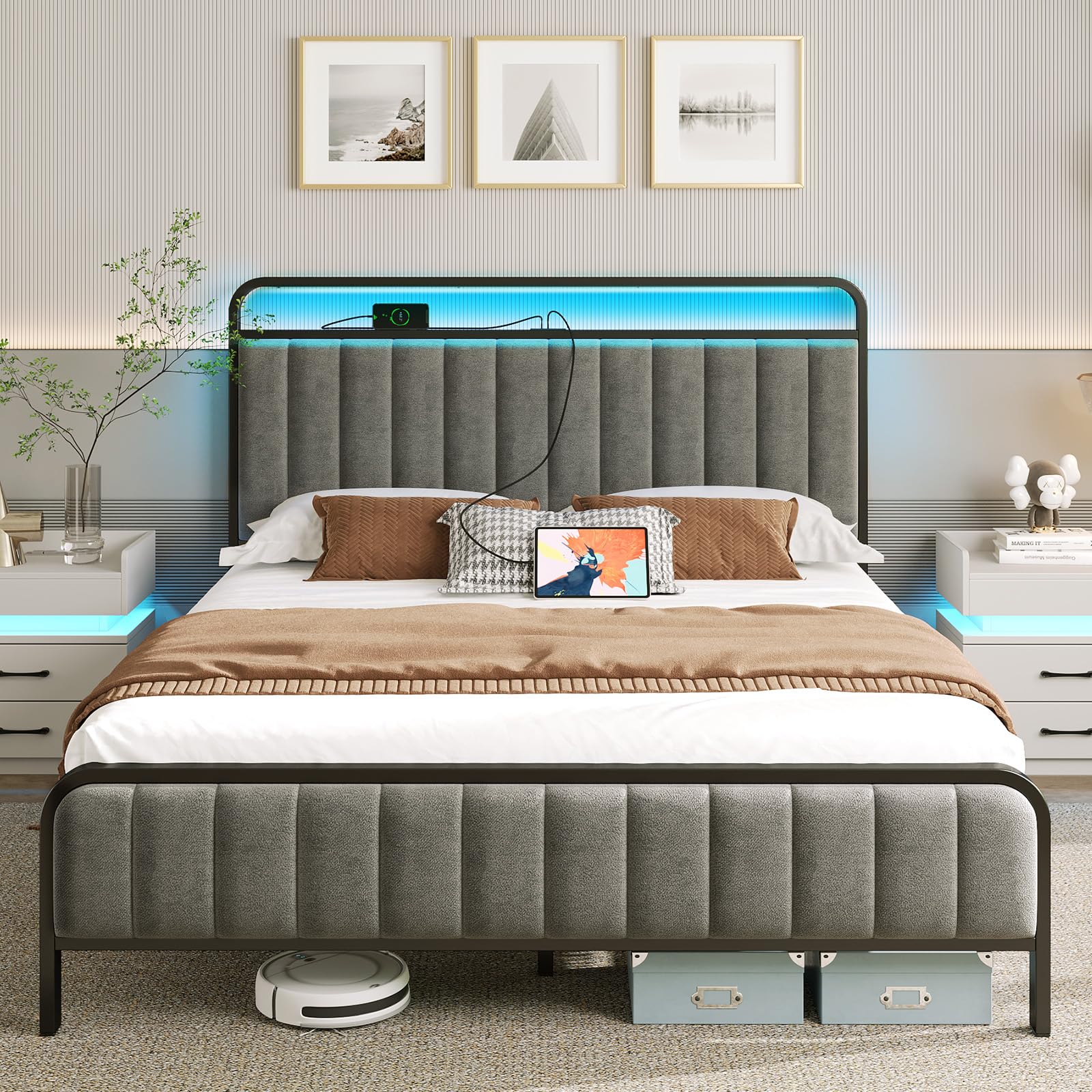 Rolanstar Queen Bed Frame with Charging Station and LED Light, Velvet Bed Frame Queen Size with Upholstered Headboard and Footboard, Metal Slat, No Box Spring Need, Easy Assembly, Dark Grey