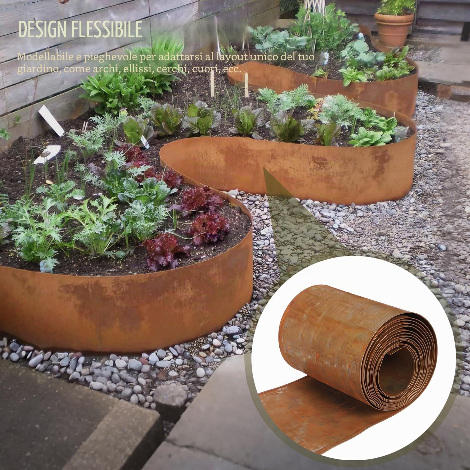 Bordo per prato in acciaio corten, 5 m x 20 cm, bordatura per aiuole in metallo con effetto ruggine, nastro flessibile per bordo prato, con 1 paio di guanti, per limitare aiuole, sentieri da giardino