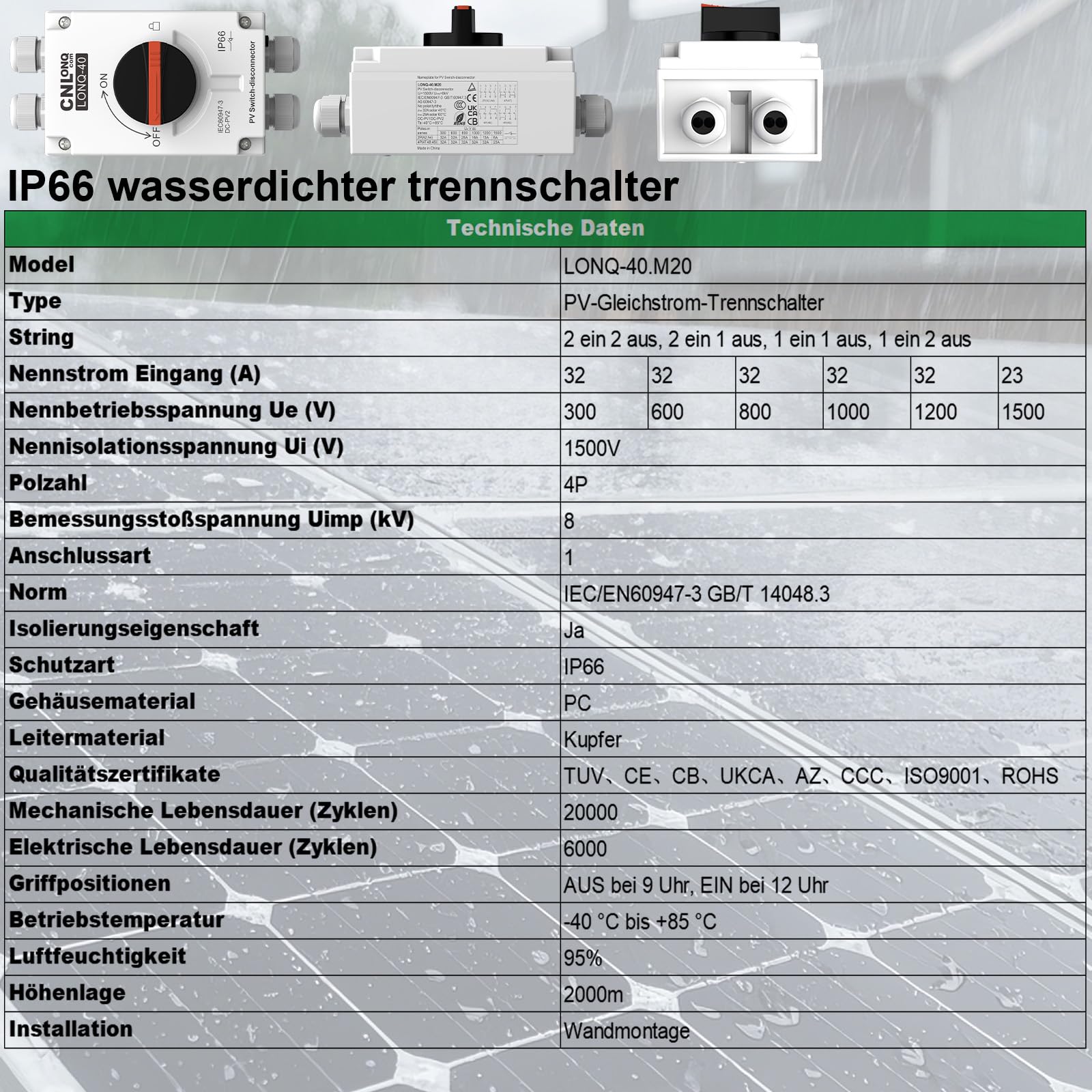 DC Trennschalter PV Anlage 32A 1200V DIY 2 String oder 1 String Leitungsschutzschalter Mit IP66 Wasserdicht Anschlusskasten M20 Anschluss Für Solar