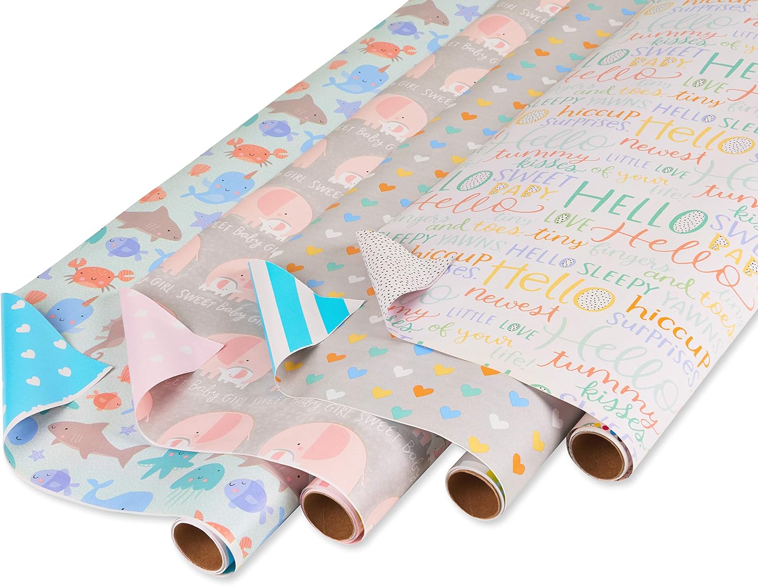 American Greetings Reversible Baby Shower Wrapping Paper, Animals and Hearts (4 Rolls, 160 sq. ft)