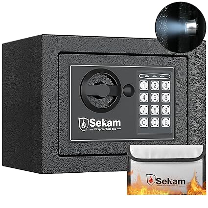 Steel Small Money Safe Box for Home Office with Fireproof Money Bag for Cash, Personal Safe with Pass Code and Key Lock, Mini Safe Lock Box for Cash Jewelry Storage, Digital Security Safe Black