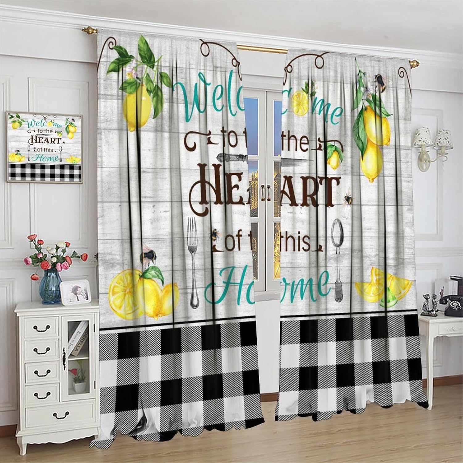 Rustic Kitchen Curtains Country Vintage Farmhous Fork Knife Spoon Cartoon Summer Fruit Lemon White Black Plaid Rod Pocket Short Curtain Tiers for Cafe Window Drapes Treatment 21x54in,2 Panel Set