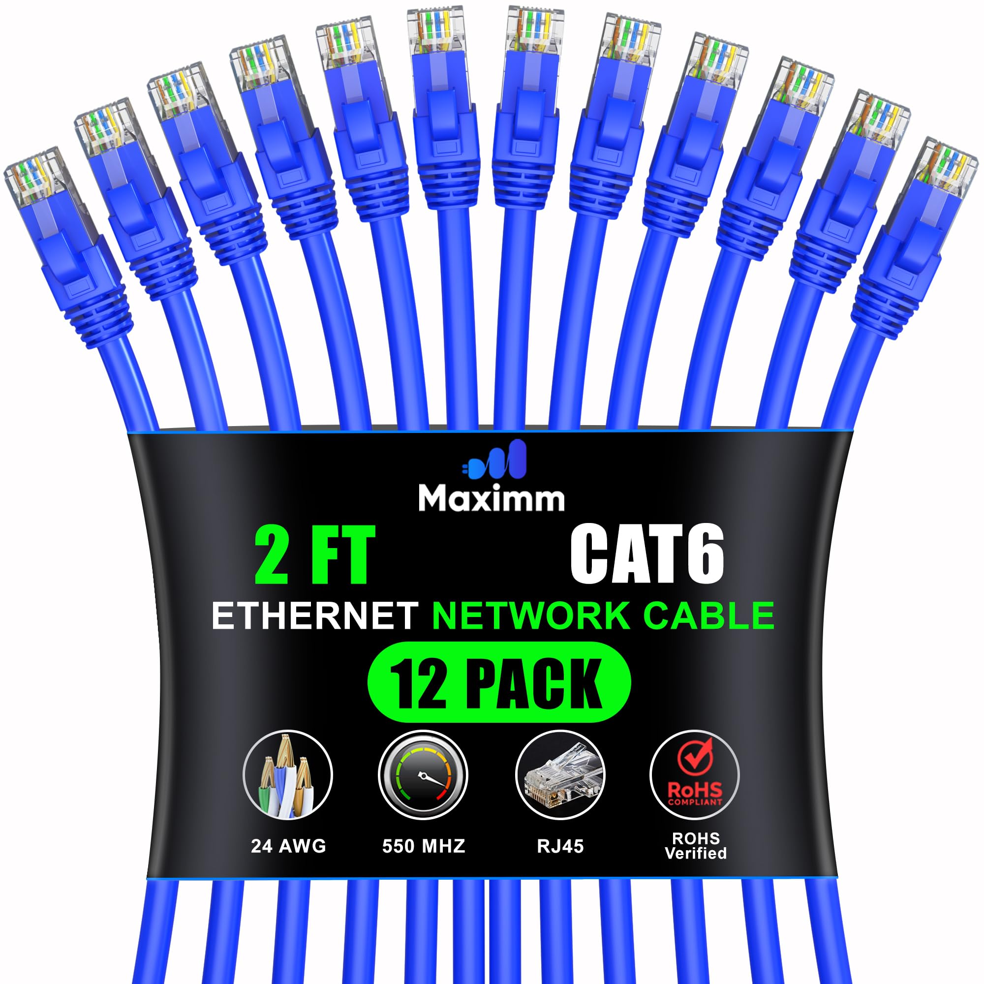 Maximm Cat 6 Ethernet Cable 2 Ft, (12-Pack) Cat6 Cable, LAN Cable, Internet Cable, Patch Cable and Network Cable - UTP (Blue) 2 Feet ethernet Cord