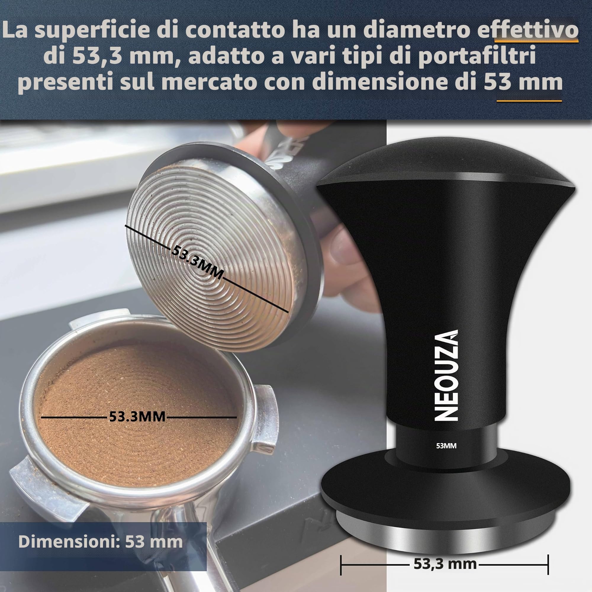 NEOUZA, tamper per espresso V2 a doppia molla calibrata per portafiltro della macchina da caffè, antideflessione da pressione, manico raffinato, base in acciaio ondulata (53,3 mm)