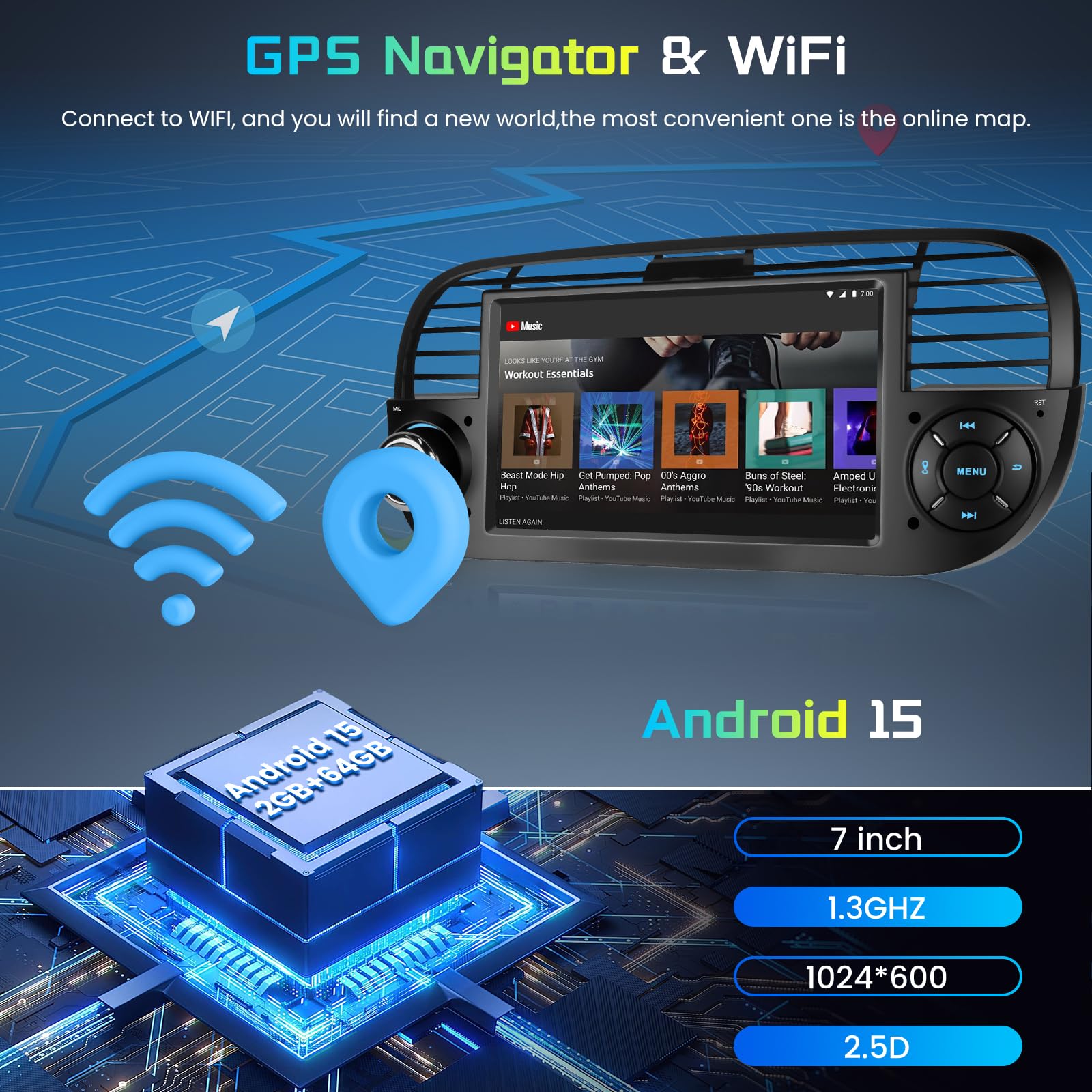 Hodozzy 2G+64G Autoradio für FIAT 500 2007-2015 Wireless Carplay Android Auto, Radio 2 Din 7 Zoll Touchscreen mit Bildschirmo GPS Navi Bluetooth WiFi, FM/RDS Canbus USB Bunte Lichter Rückfahrkamera