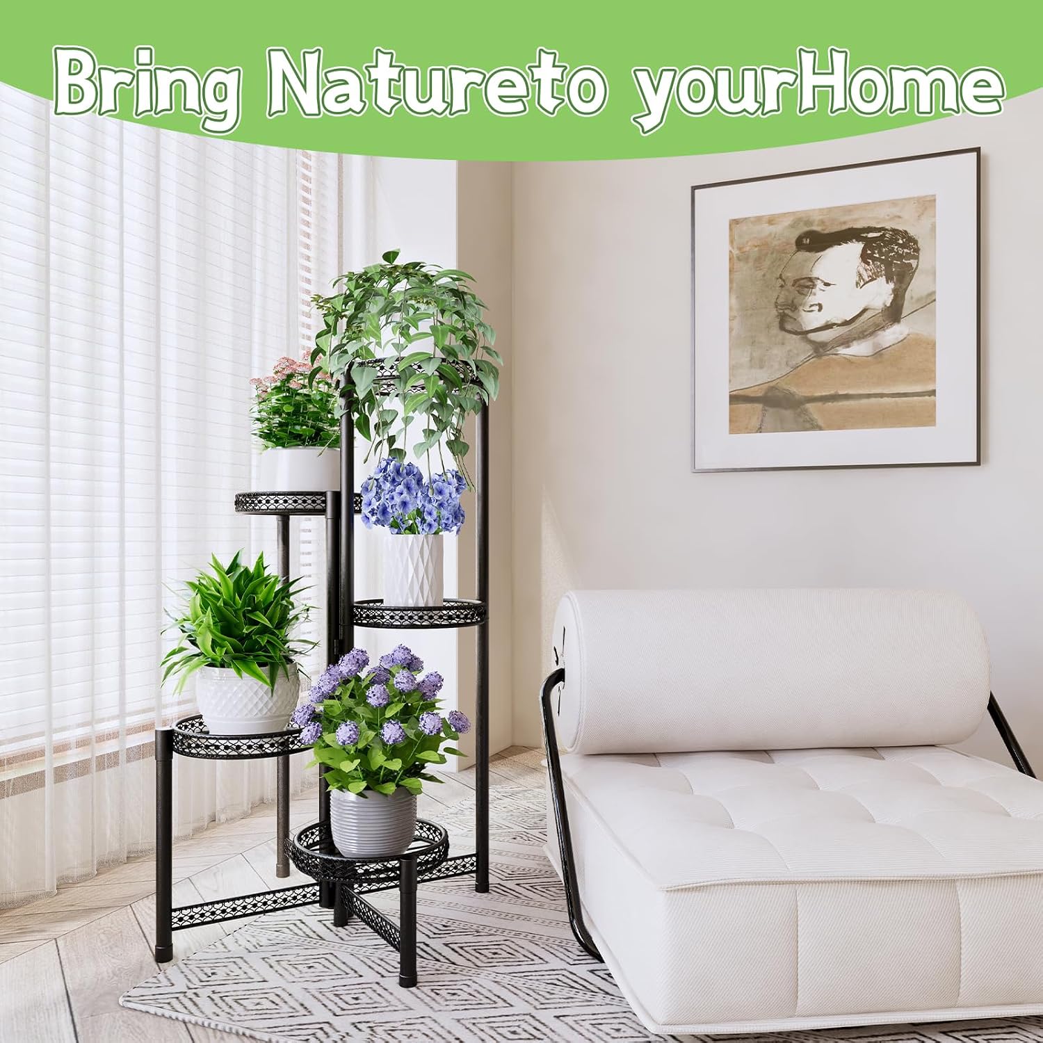 5-Tier Metal Plant Stand Indoor Outdoor - Corner Tall Plant Shelf for Multiple Plants, Foldable Heavy Duty Plant Holder - Decoration flower Stand for House Living Room Balcony Garden Patio - Black image 2