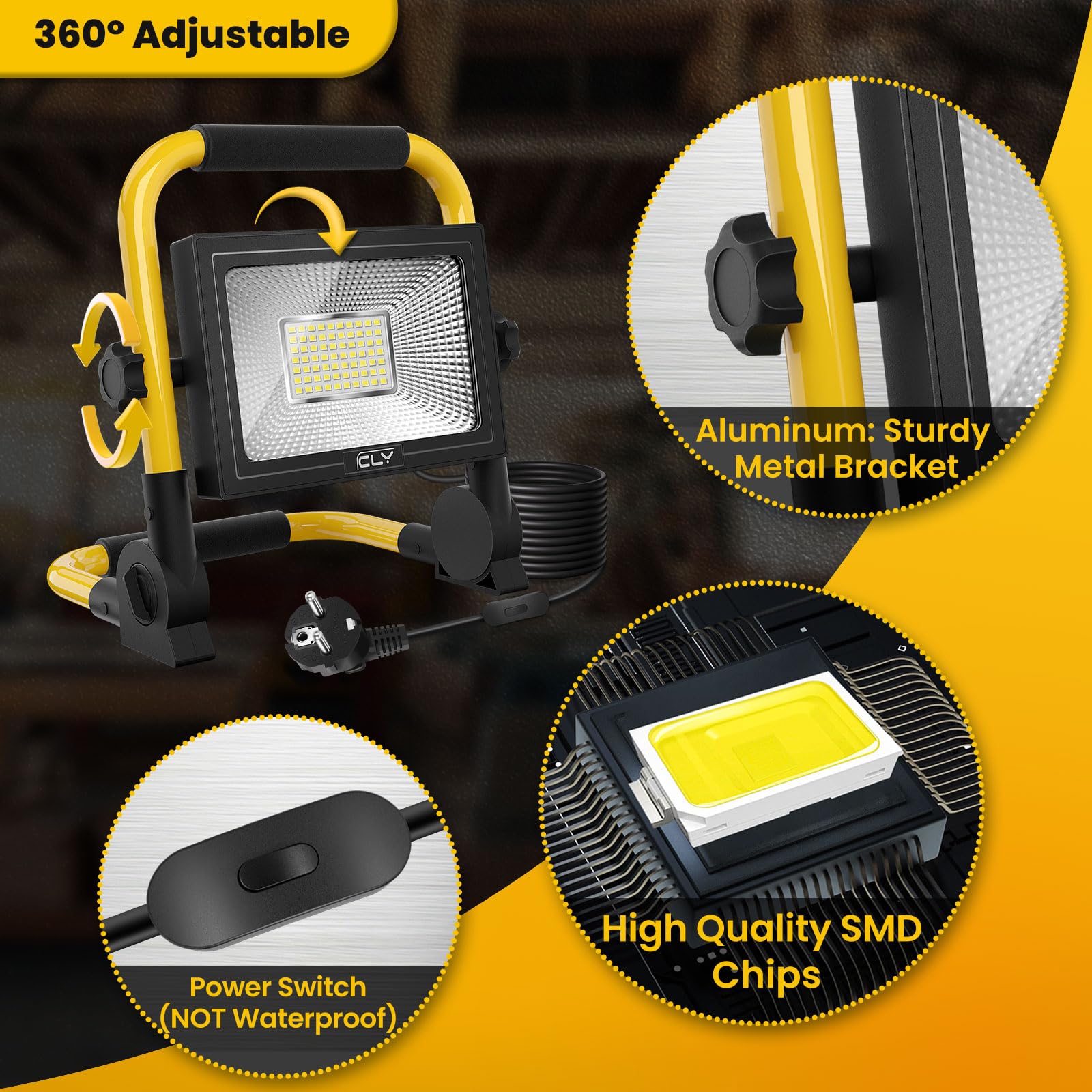 CLY Lampe Chantier 60W 5200LM Projecteur Chantier Led 6500K IP66 Câble 5M | Baladeuse Led Portable Lampe LED Portable Lampe de Travail Lanterne avec Rotation à 180° pour Atelier Garage Bricolage