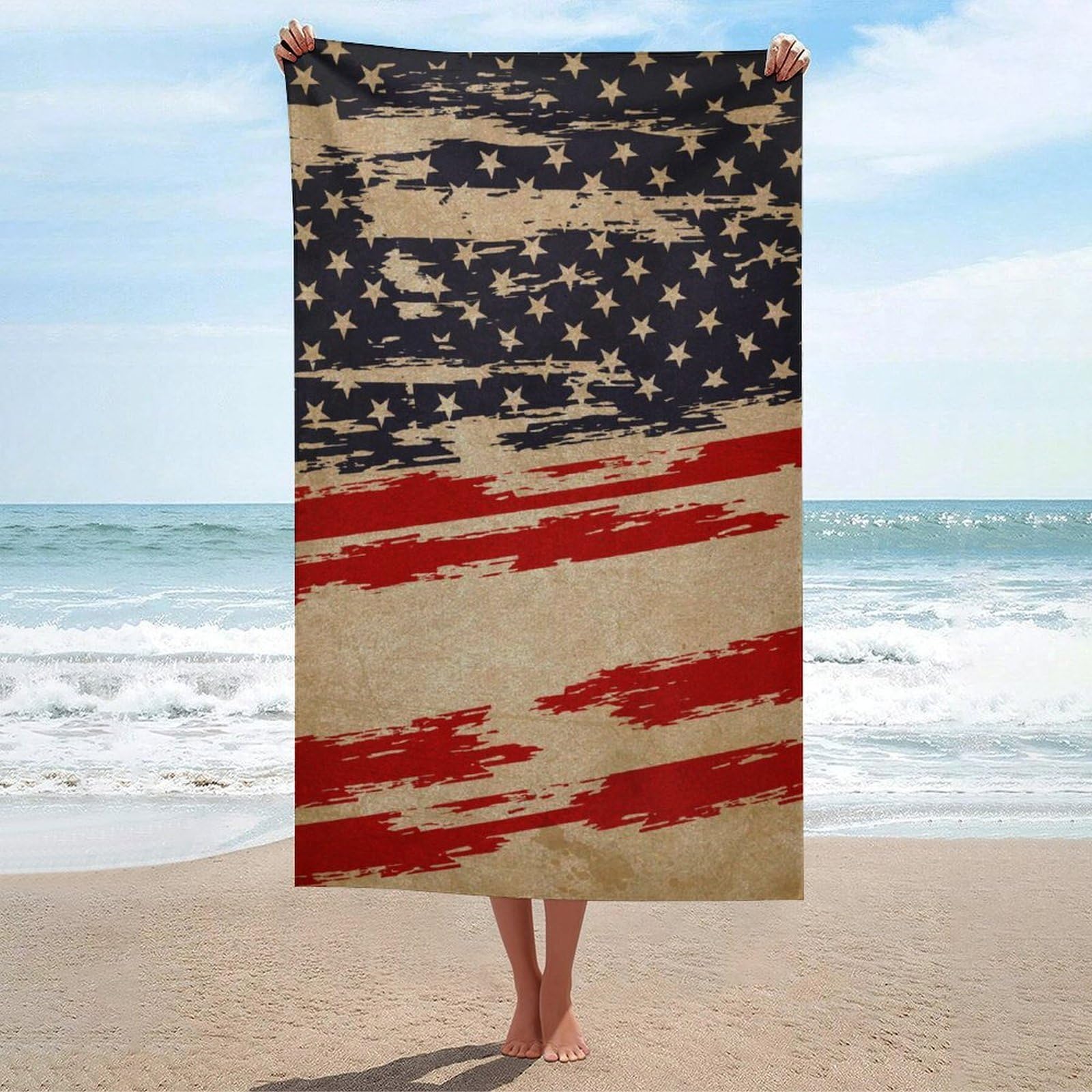 Anceky Bath Towel Quick-Dry Large Vintage USA American Flag Beach Towels Soft Absorbent Bath Towel for Travel Swimming Gym 31 X 51 in