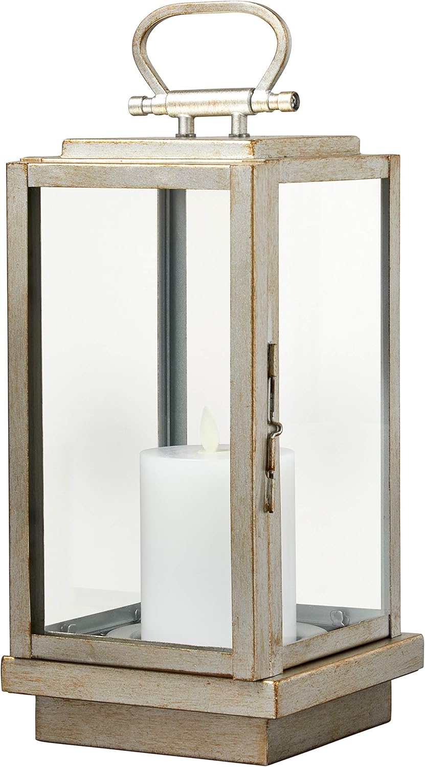  Brand – Stone & Beam Modern Decorative Outdoor Metal and Glass Lantern with LED Candle - 6 x 6 x 14 Inches, Silver, For Indoor Outdoor Use : Home & Kitchen